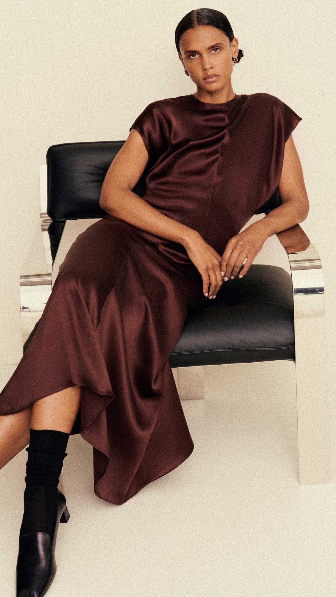 Draped Dress in Silk Charmeuse | Dark Brown - Image 8