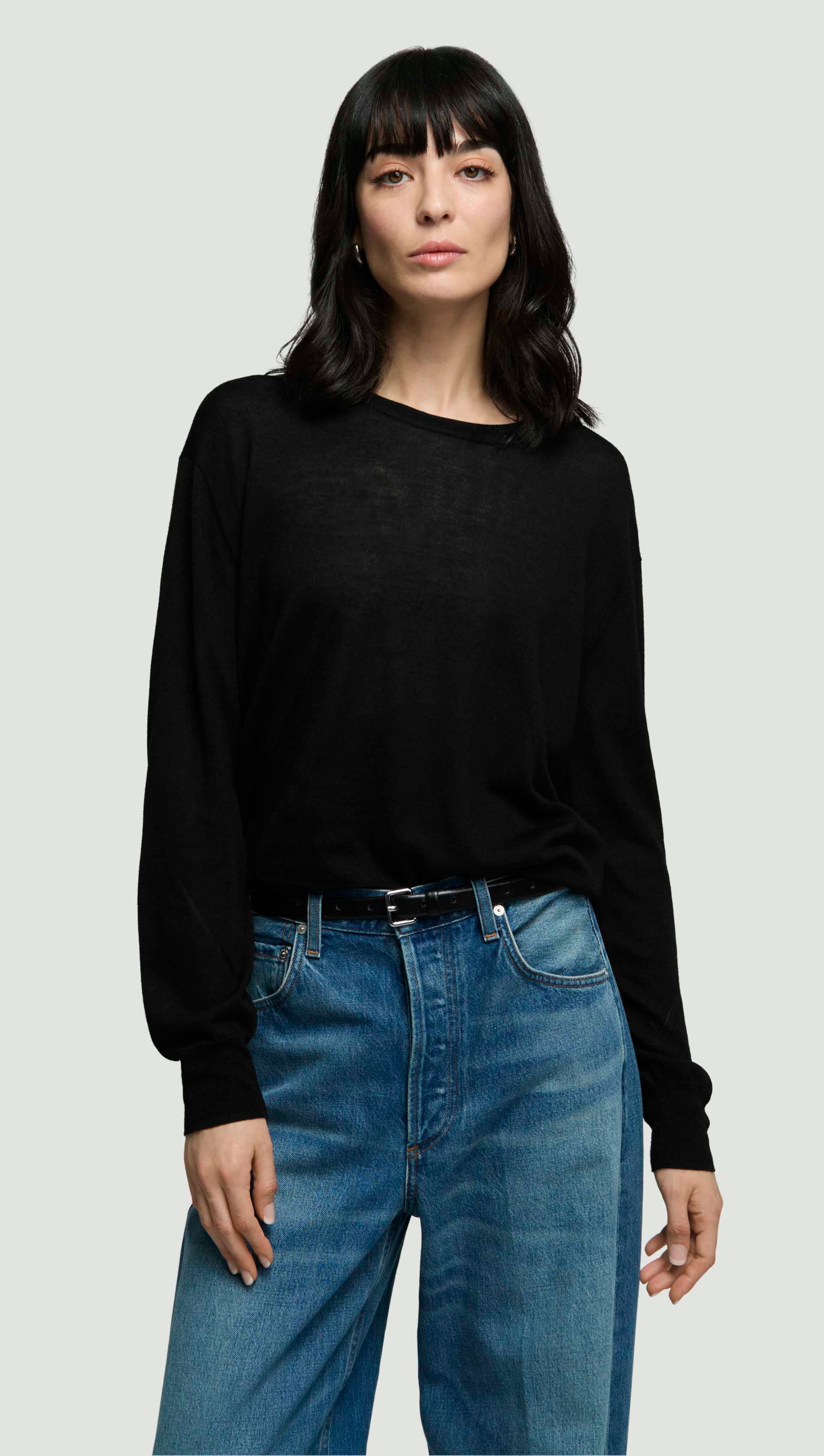 Fine Knit Longsleeve Crewneck in Merino Silk | Black