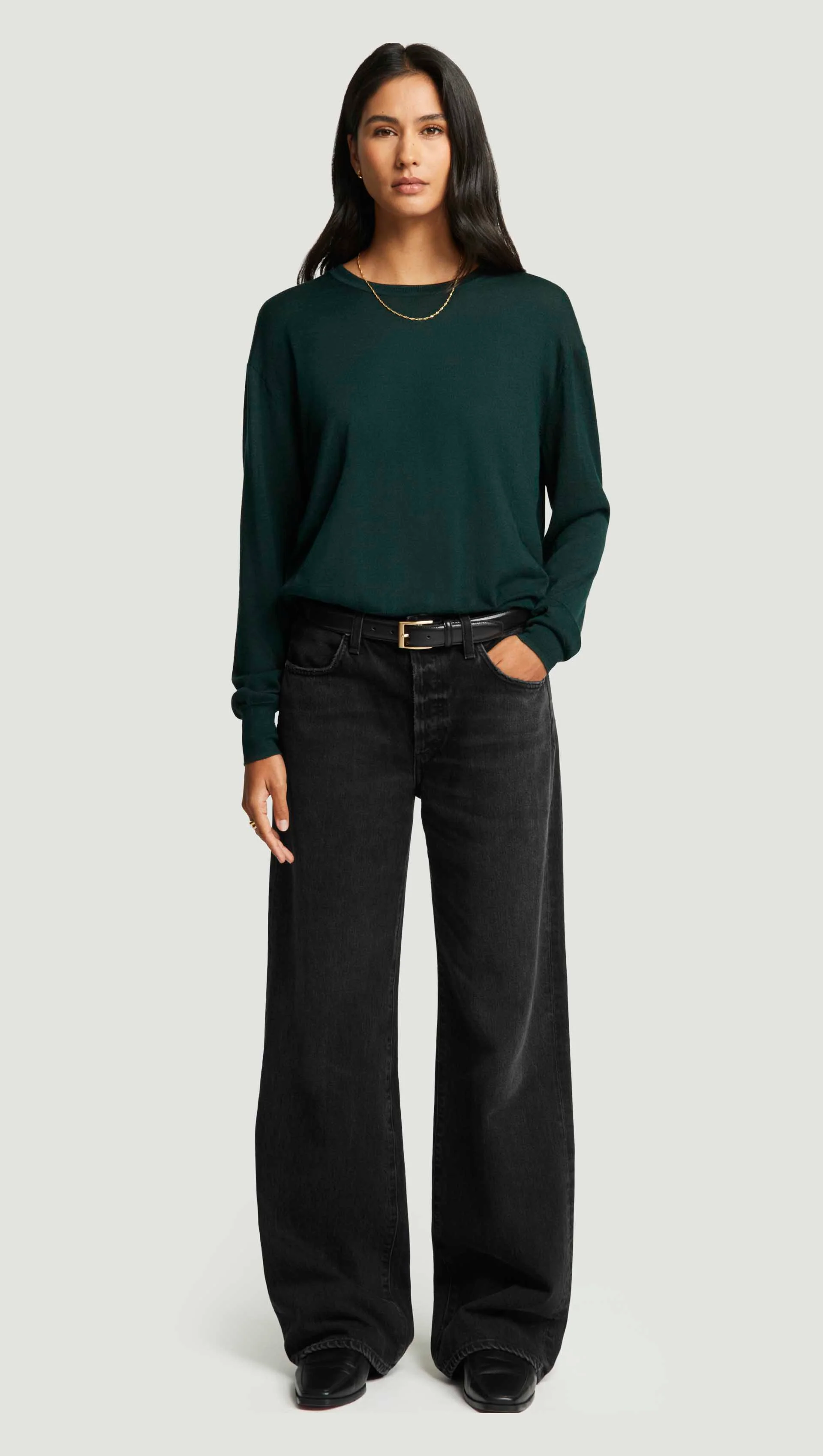 Fine Knit Longsleeve Crewneck in Merino Silk | Hunter - Image 3
