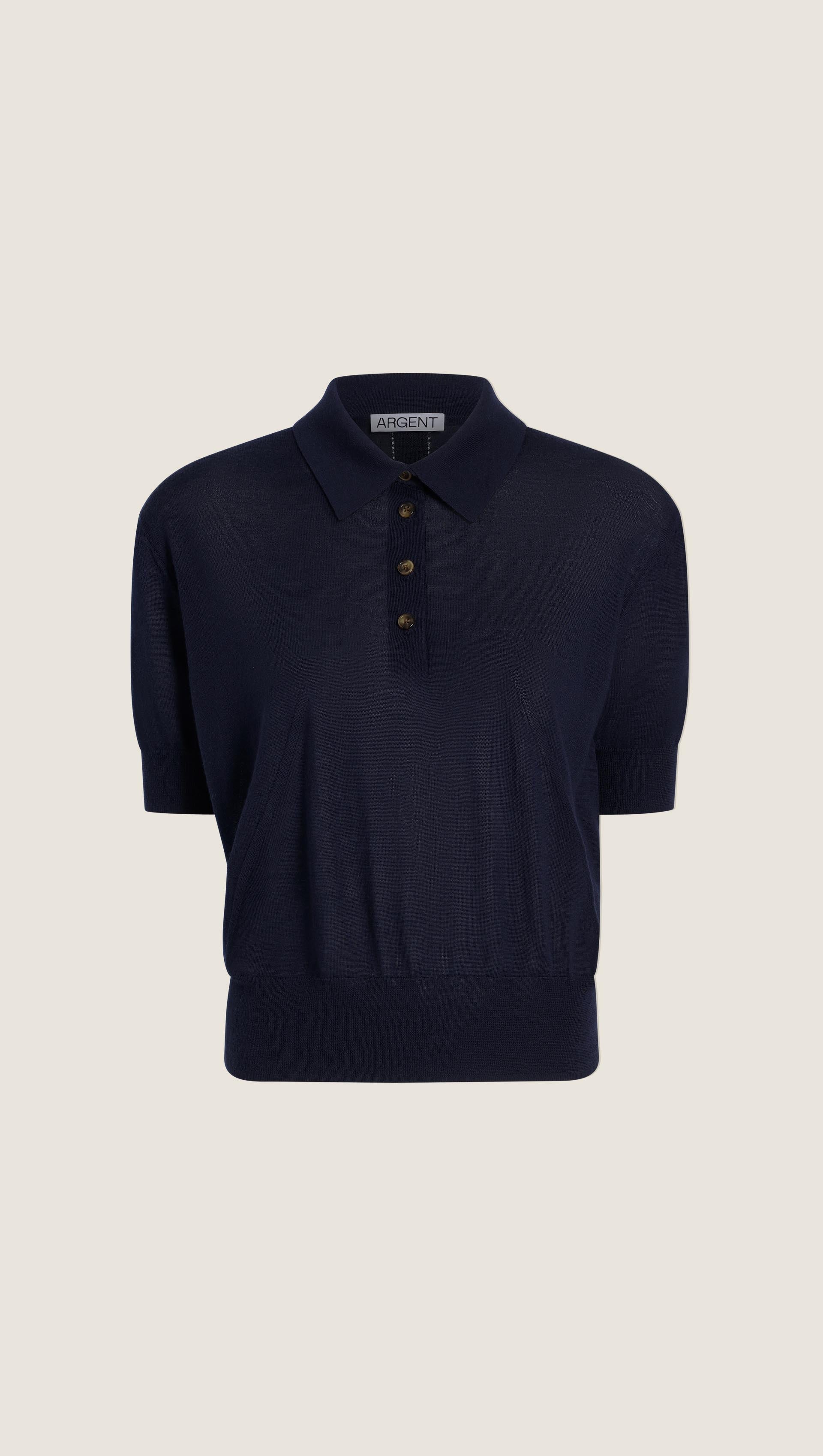 Fine Knit Shortsleeve Polo in Merino Silk | Navy - Image 7