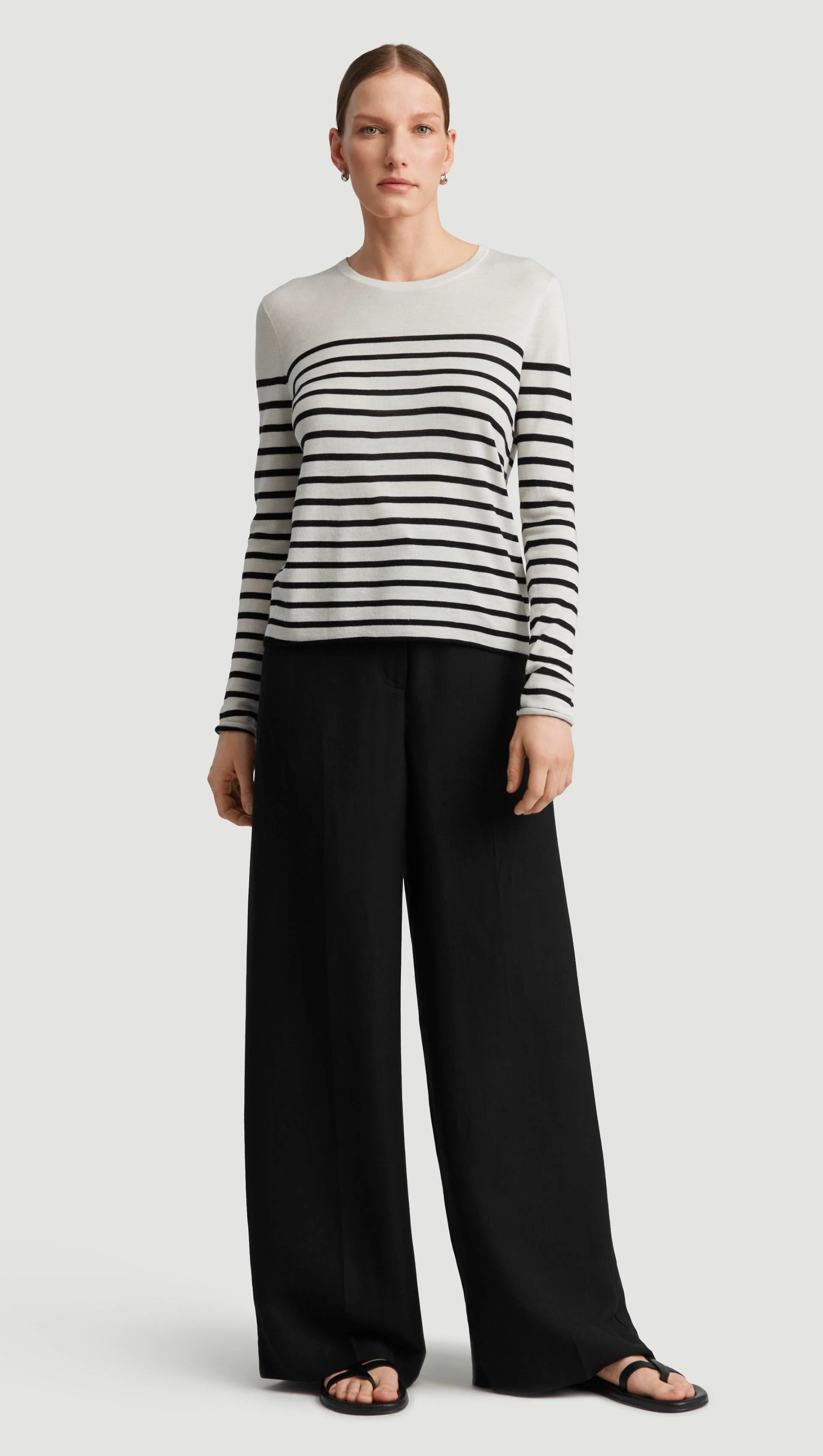 Fine Knit Longsleeve Crewneck in Wool Silk | White/Black Stripe - Image 3