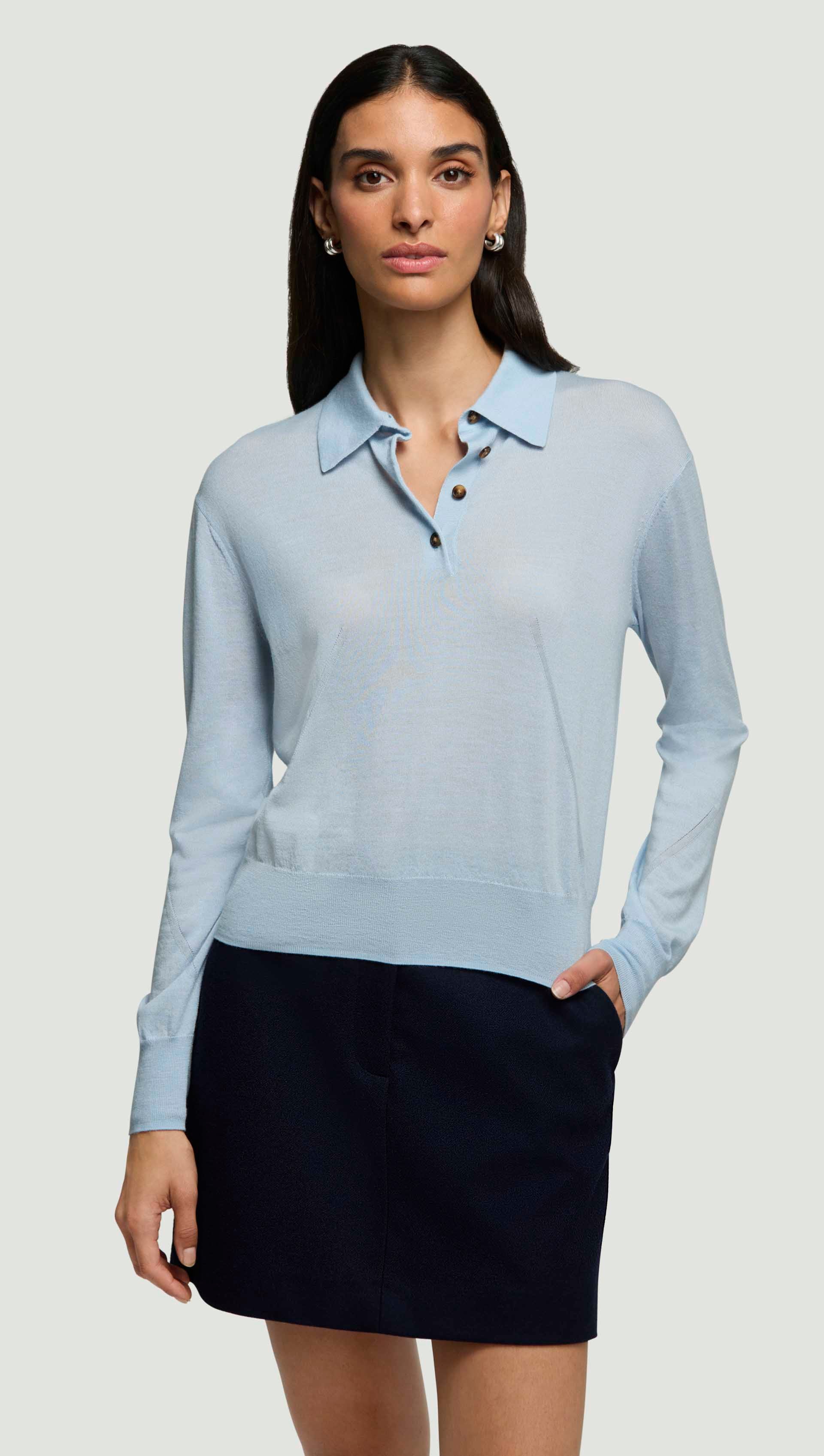 Fine Knit Polo in Merino Silk | Light Blue
