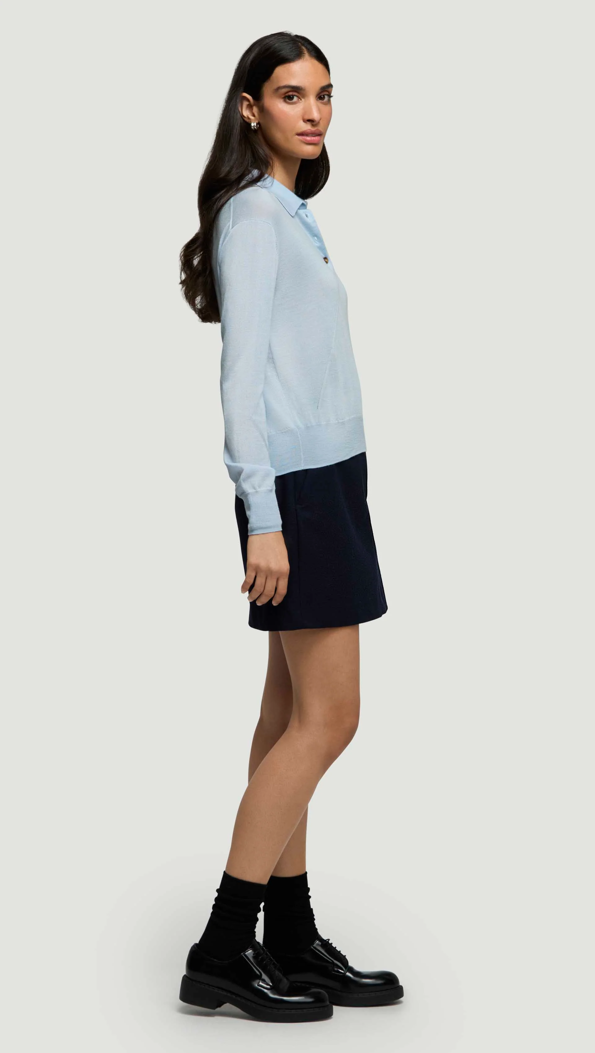 Fine Knit Polo in Merino Silk | Light Blue - Image 3