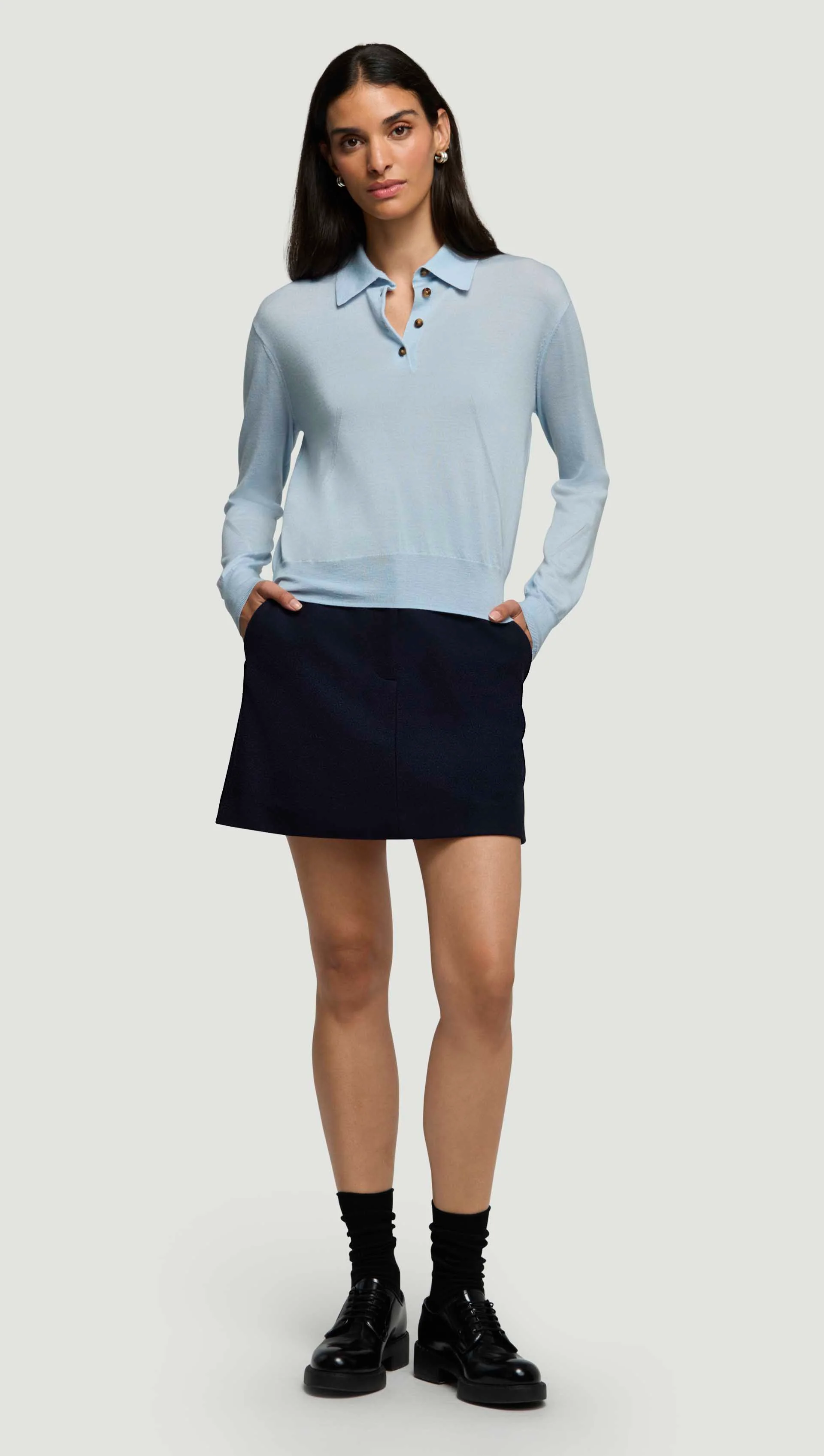 Fine Knit Polo in Merino Silk | Light Blue - Image 4