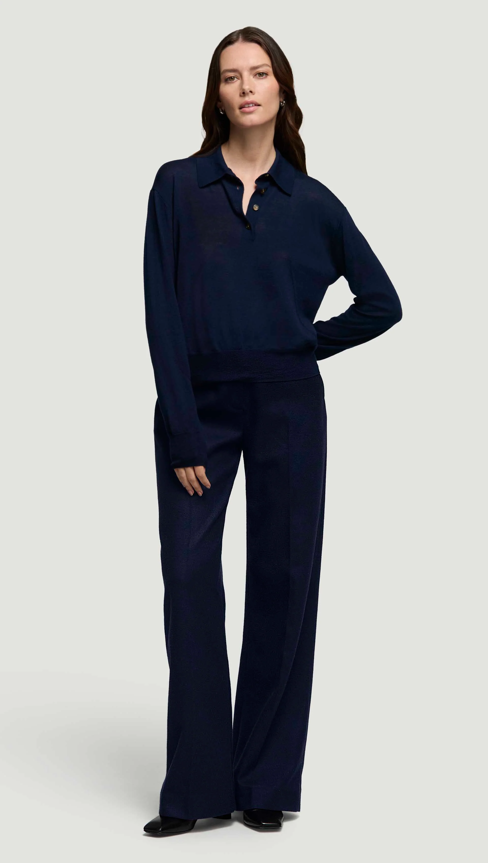 Fine Knit Polo in Merino Silk | Navy - Image 3