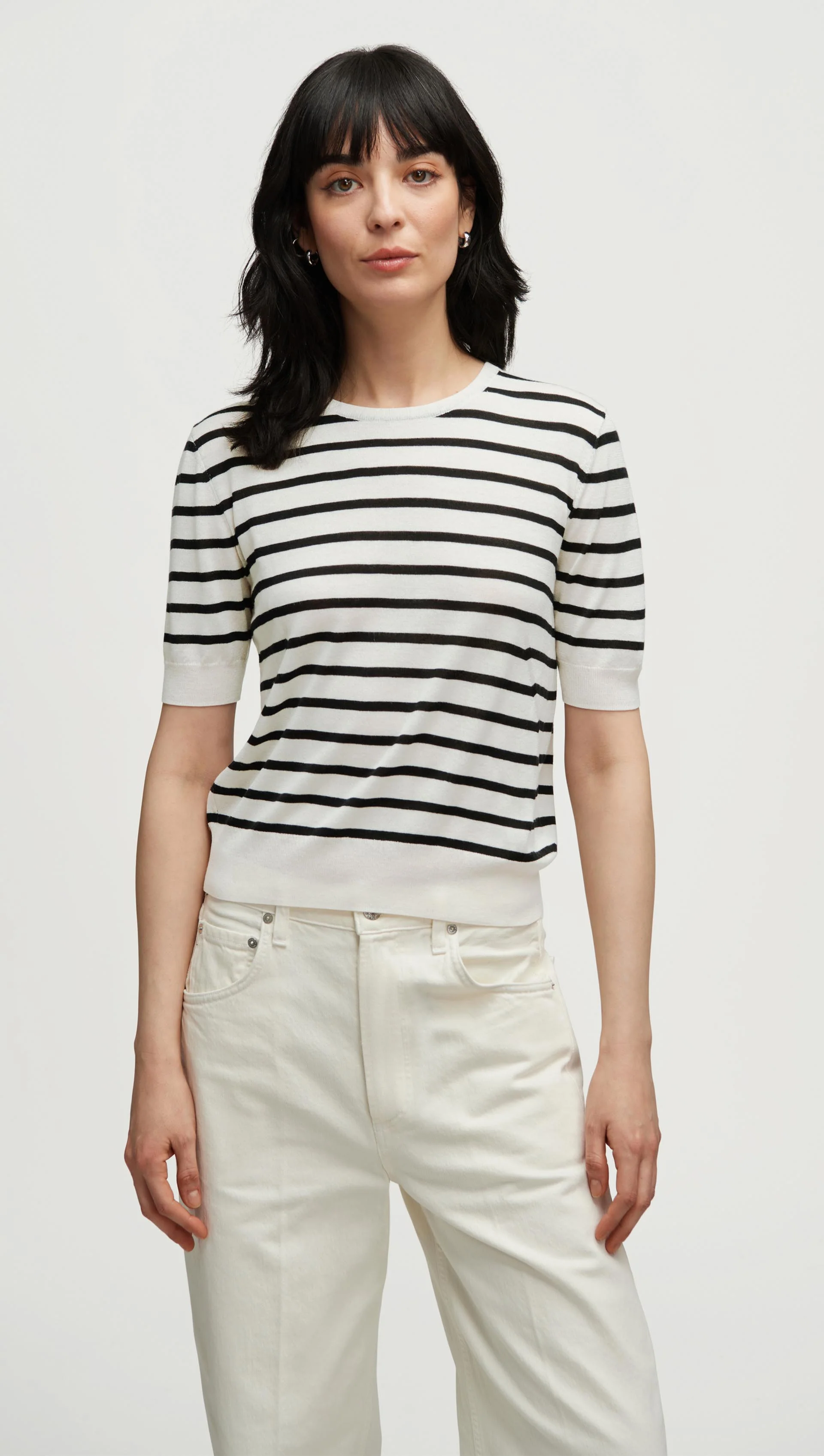 Fine Knit Shortsleeve in Wool Silk | White/Black Stripe