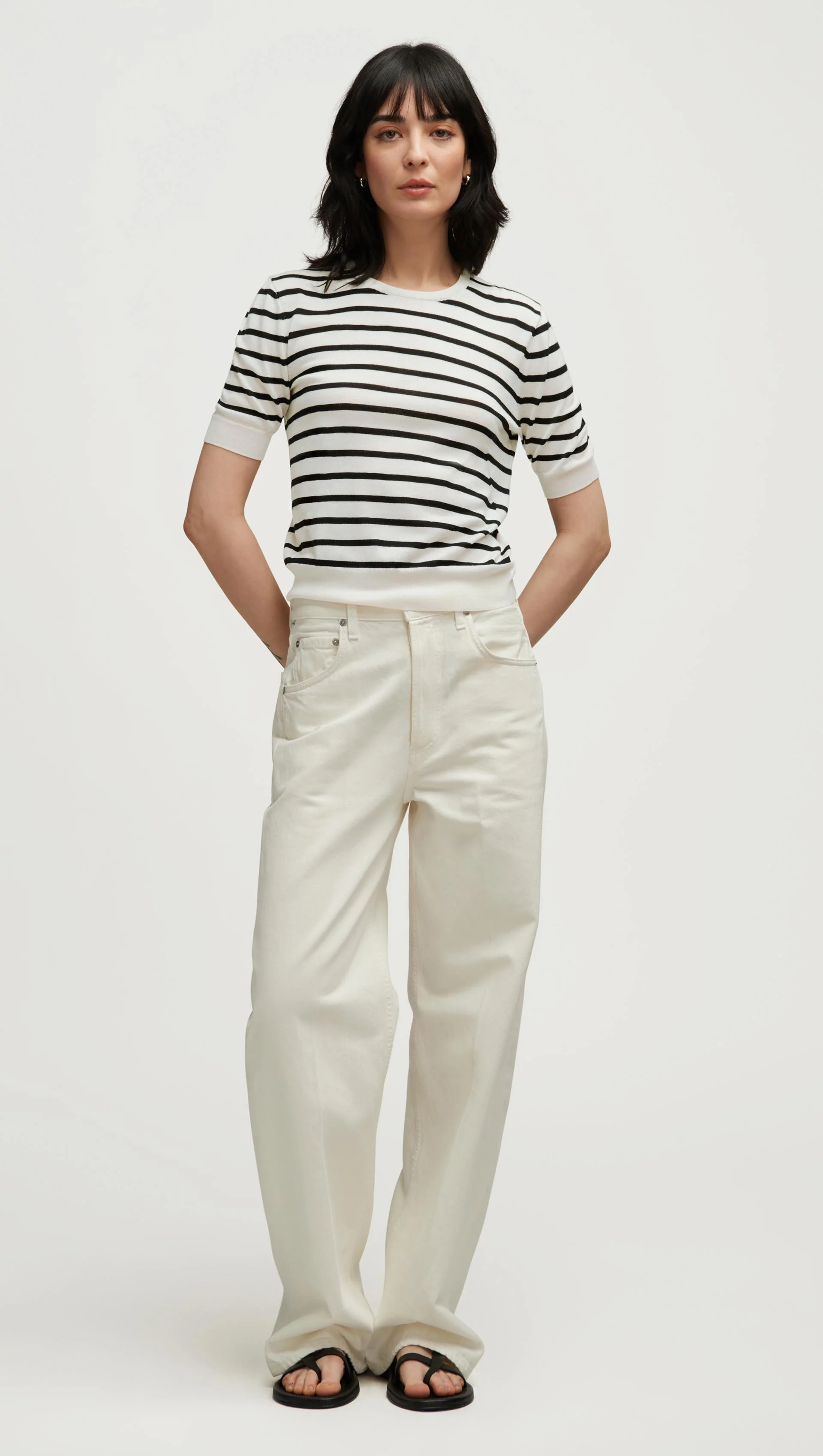 Fine Knit Shortsleeve in Wool Silk | White/Black Stripe - Image 3