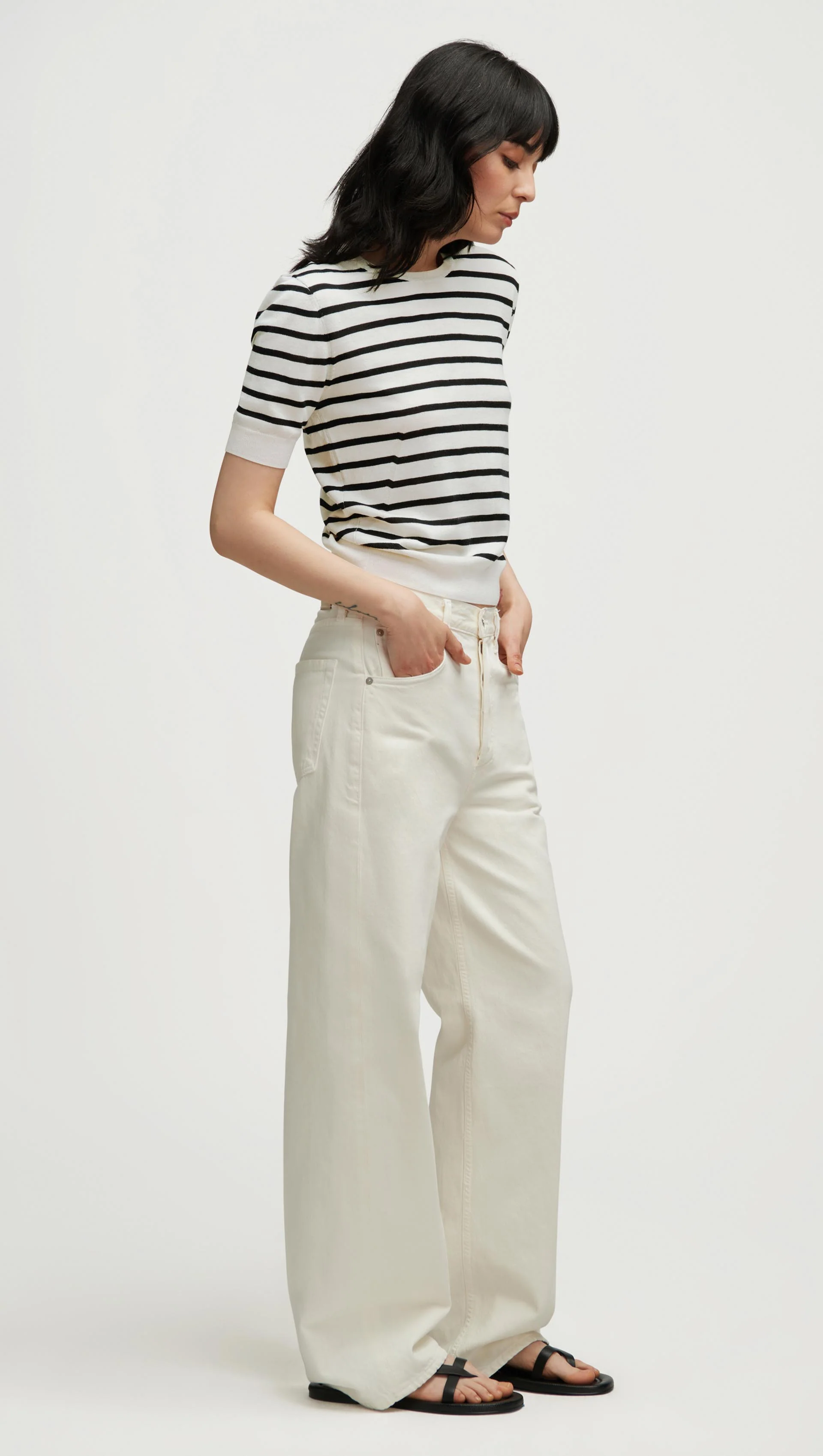 Fine Knit Shortsleeve in Wool Silk | White/Black Stripe - Image 4