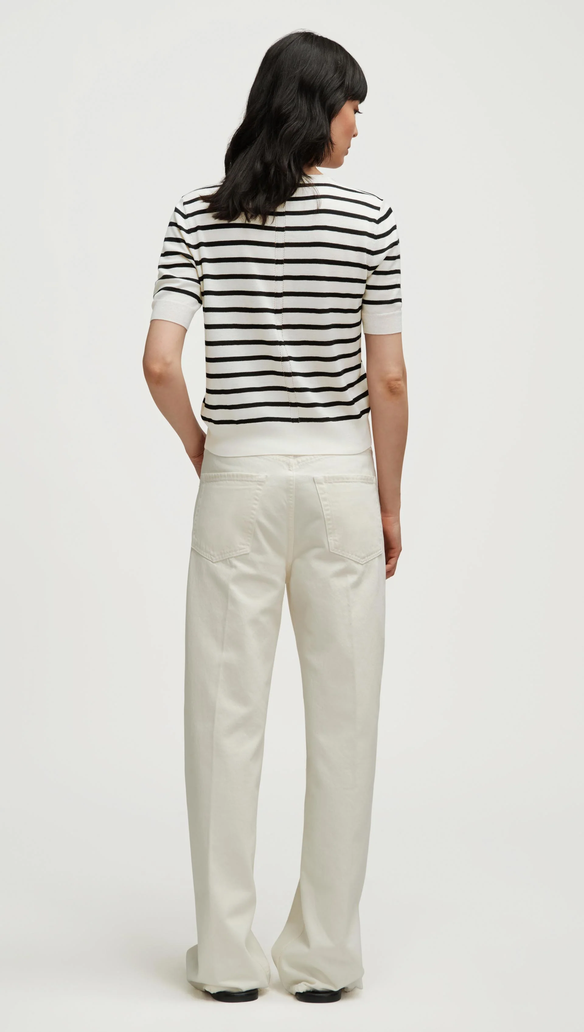 Fine Knit Shortsleeve in Wool Silk | White/Black Stripe - Image 5