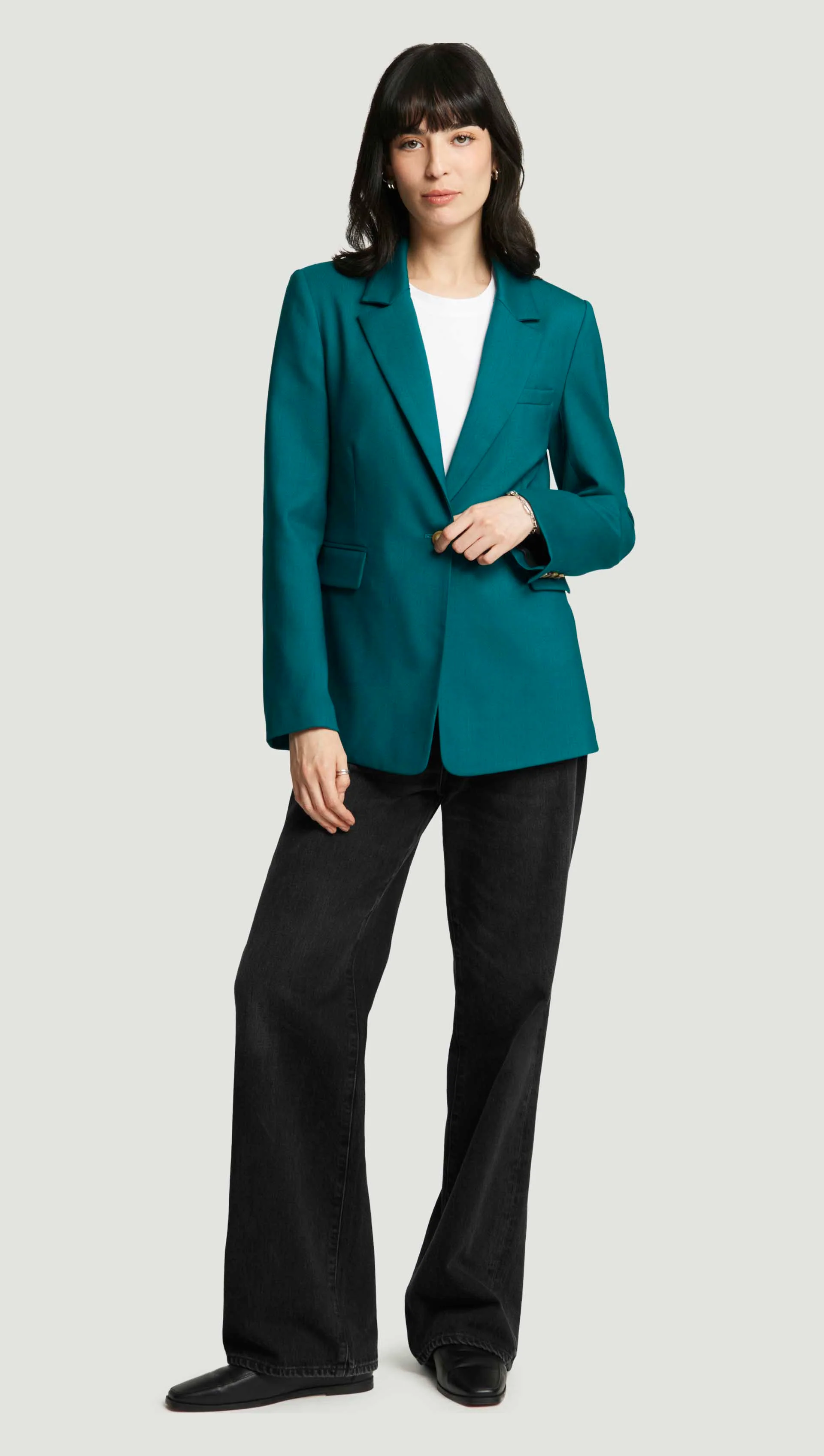 Fitted Notch Lapel Blazer in Seasonless Wool | Teal - Image 6
