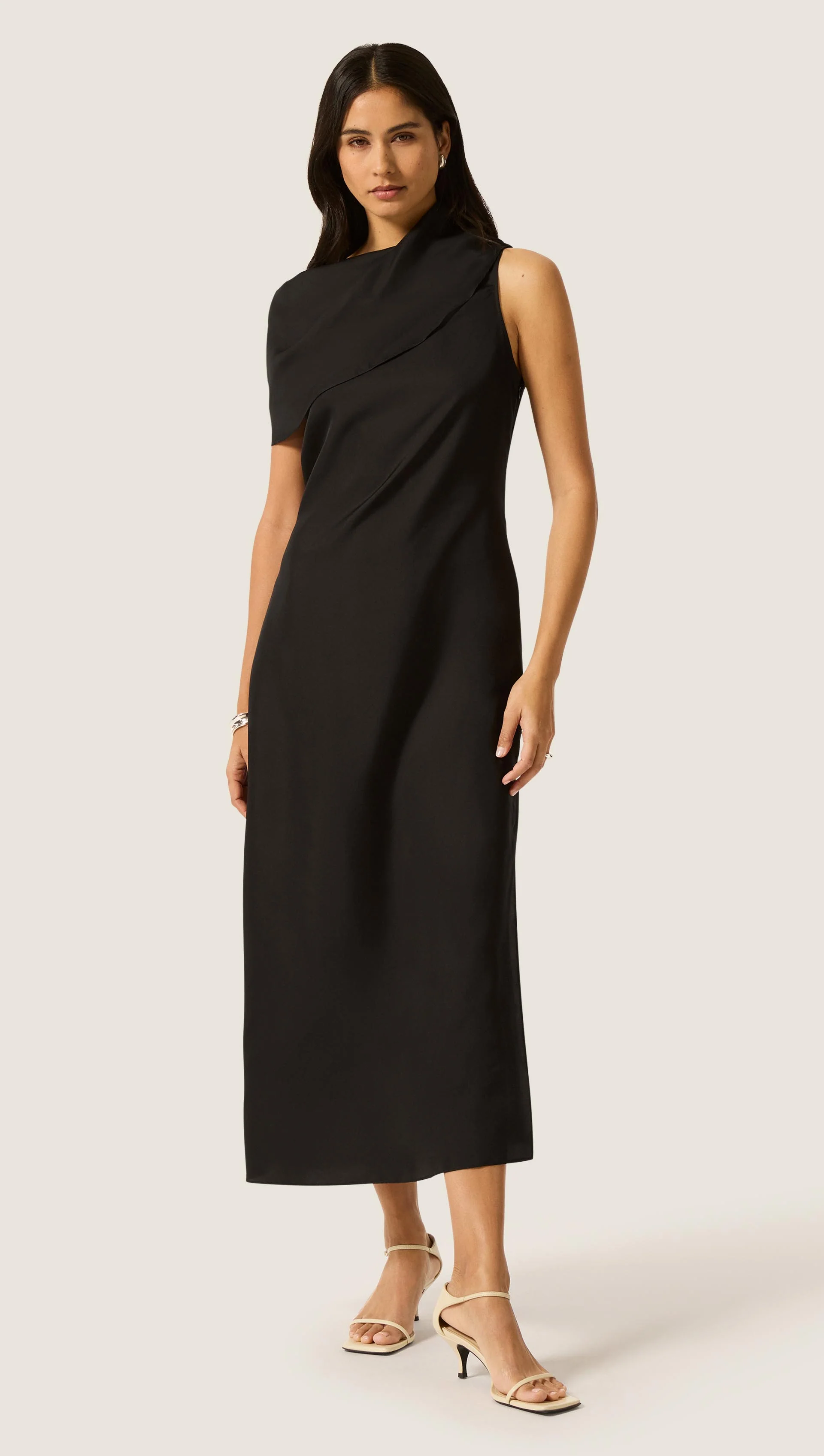Funnel Neck Dress in Silk Twill | Black