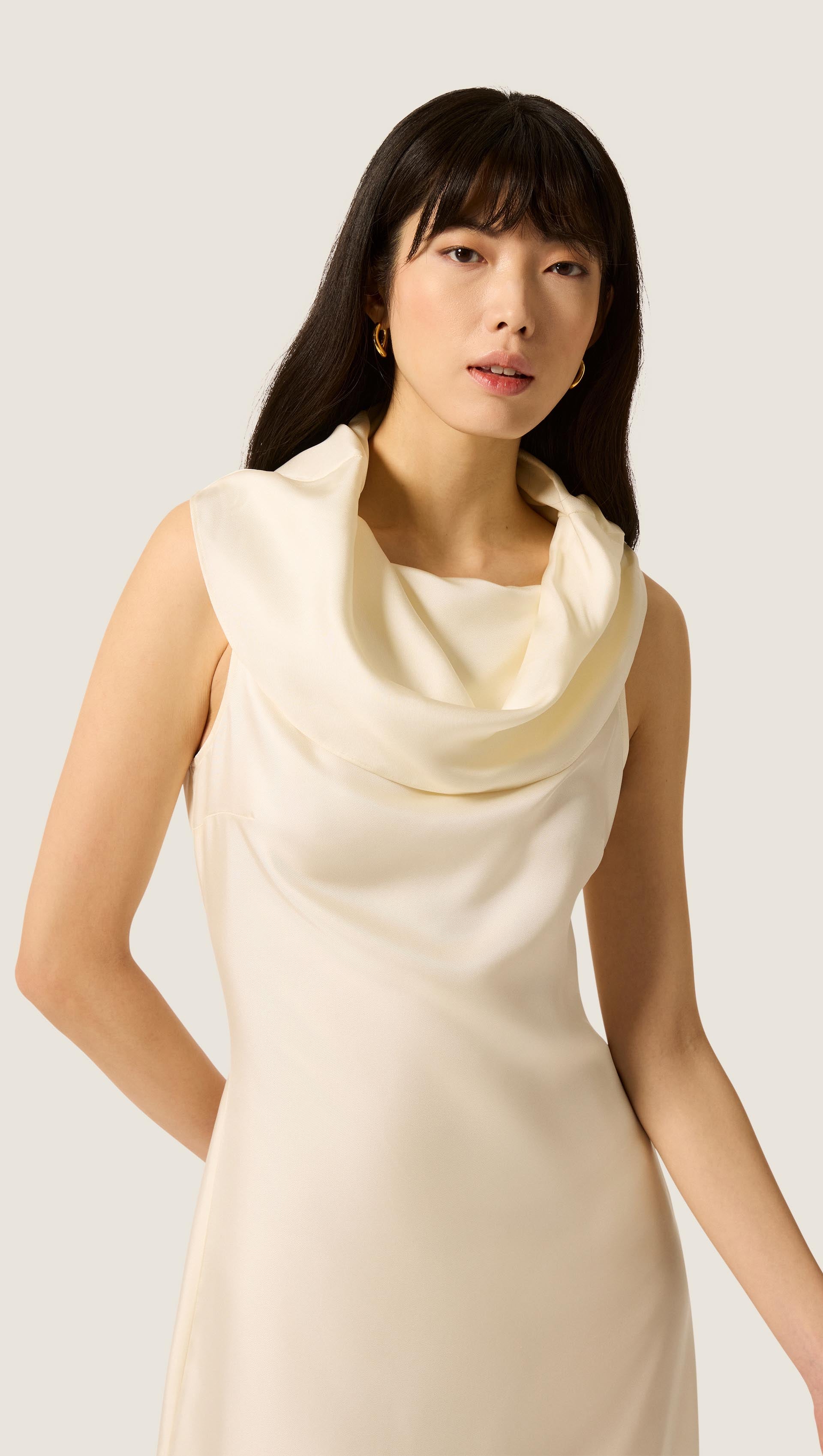 Funnel Neck Dress in Silk Twill | Ivory - Image 3