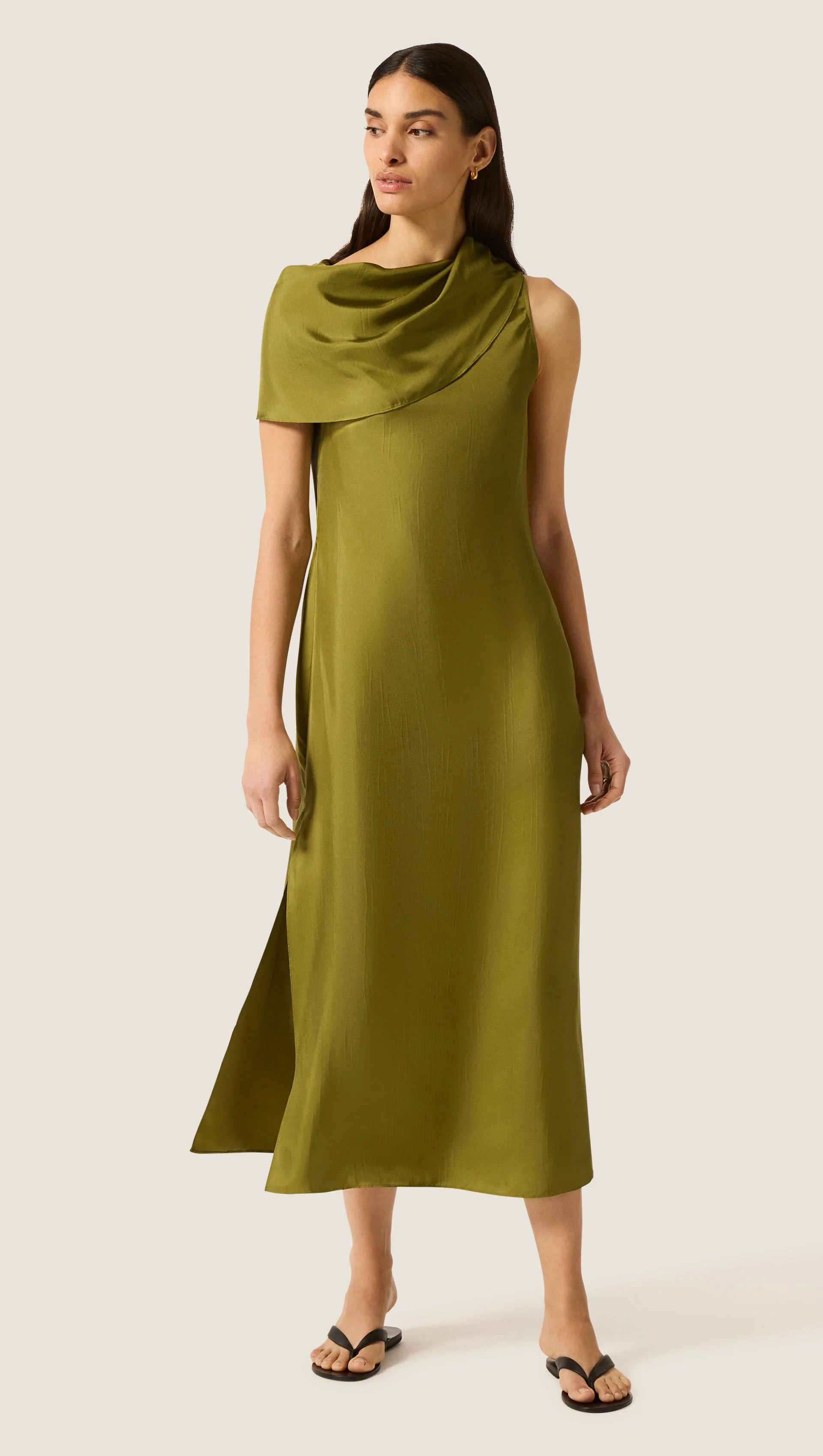 Funnel Neck Dress in Silk Twill | Pickle - Image 3