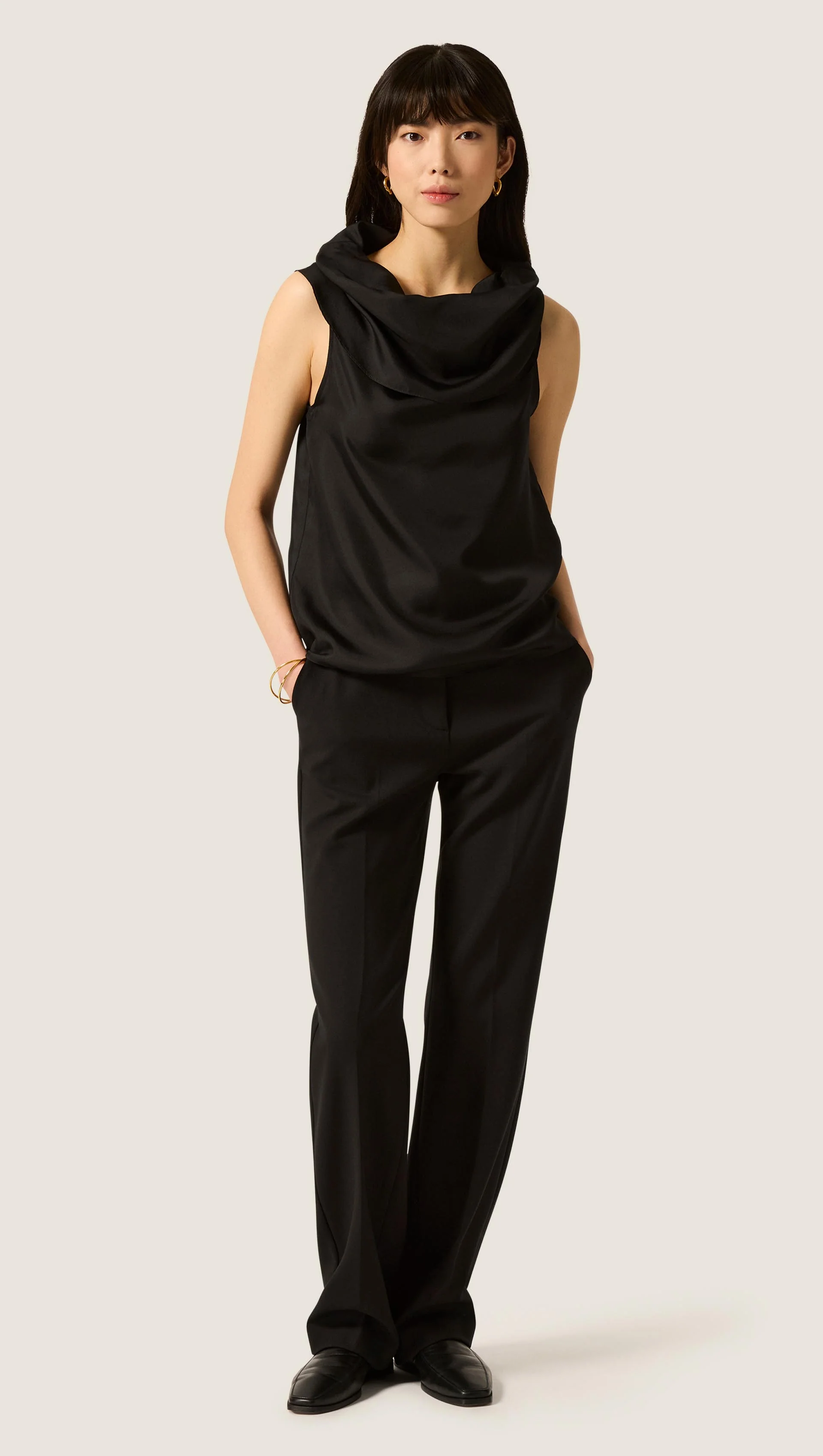 Funnel Neck Top in Silk Twill | Black - Image 3