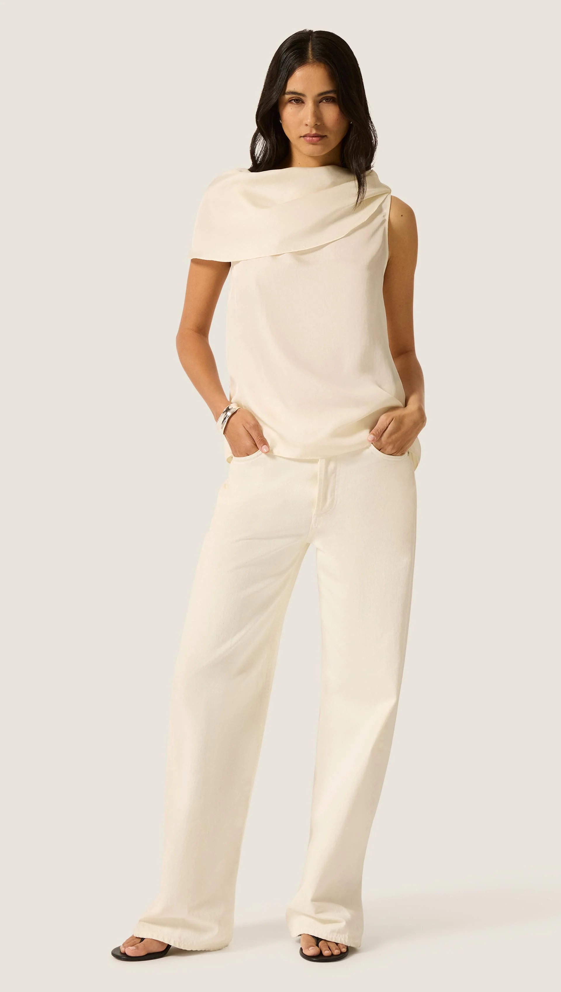 Funnel Neck Top in Silk Twill | Ivory - Image 6