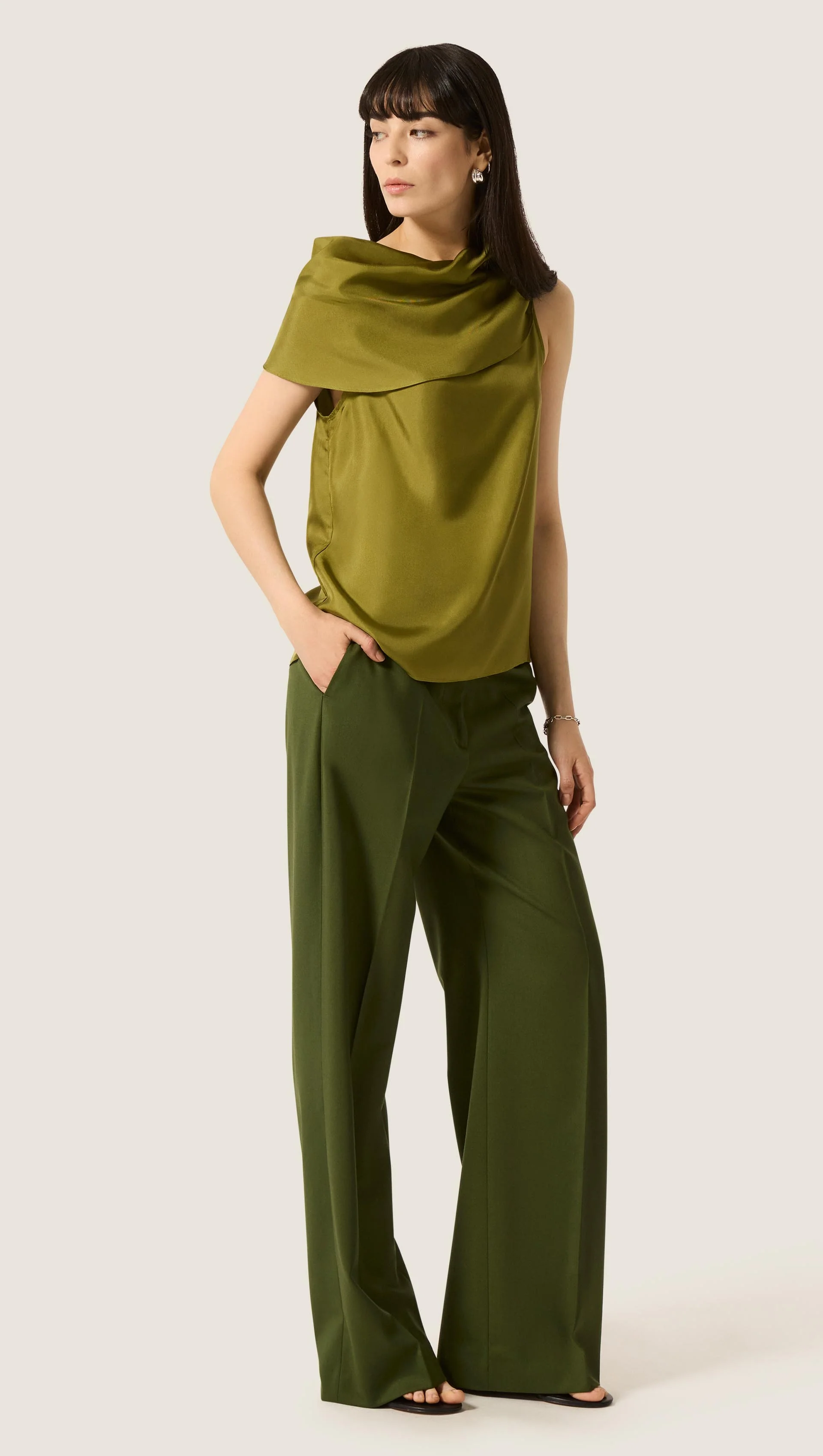 Funnel Neck Top in Silk Twill | Pickle - Image 4