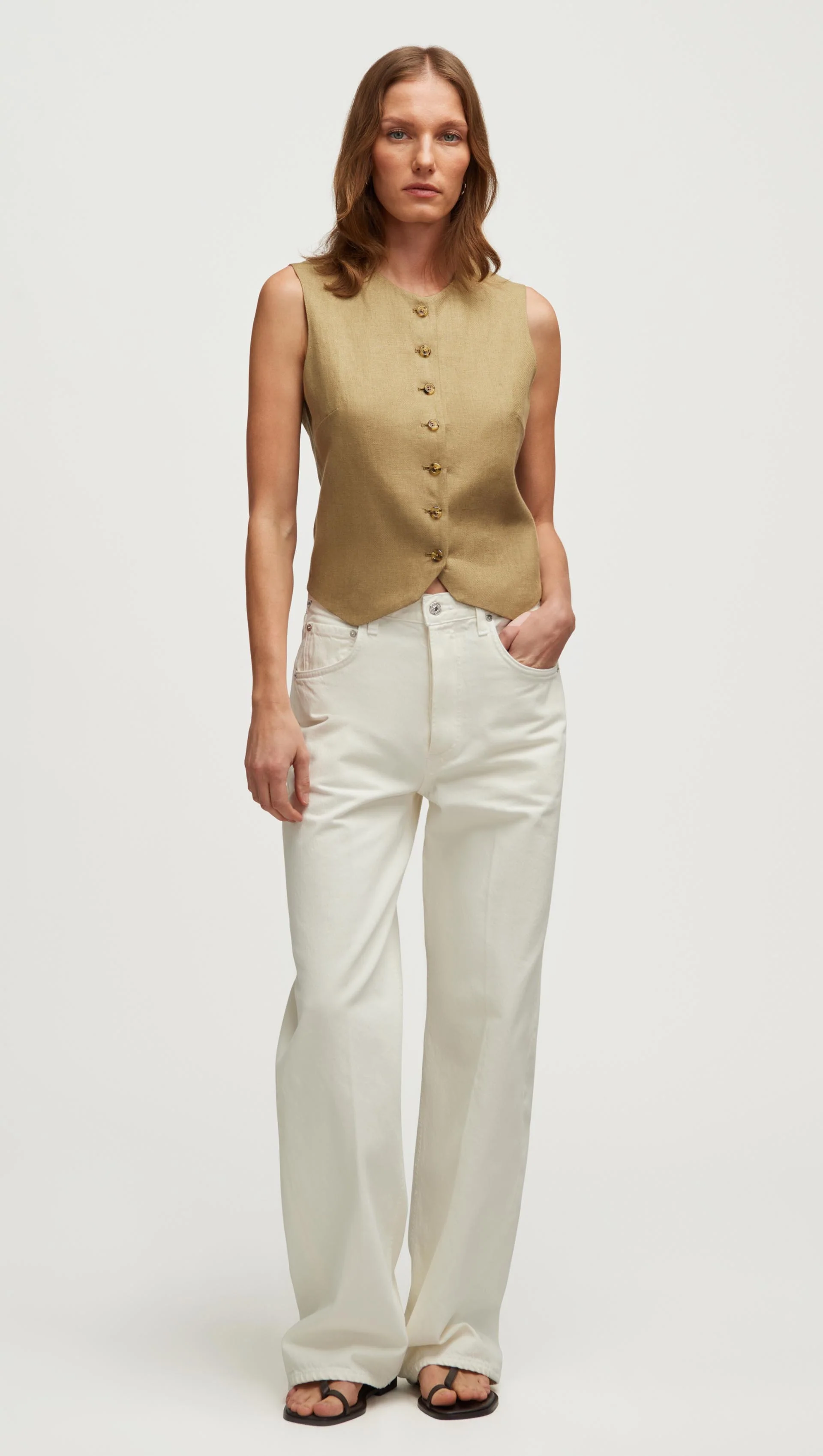High-Neck Button Waistcoat in Basket Weave Linen | Fern - Image 5