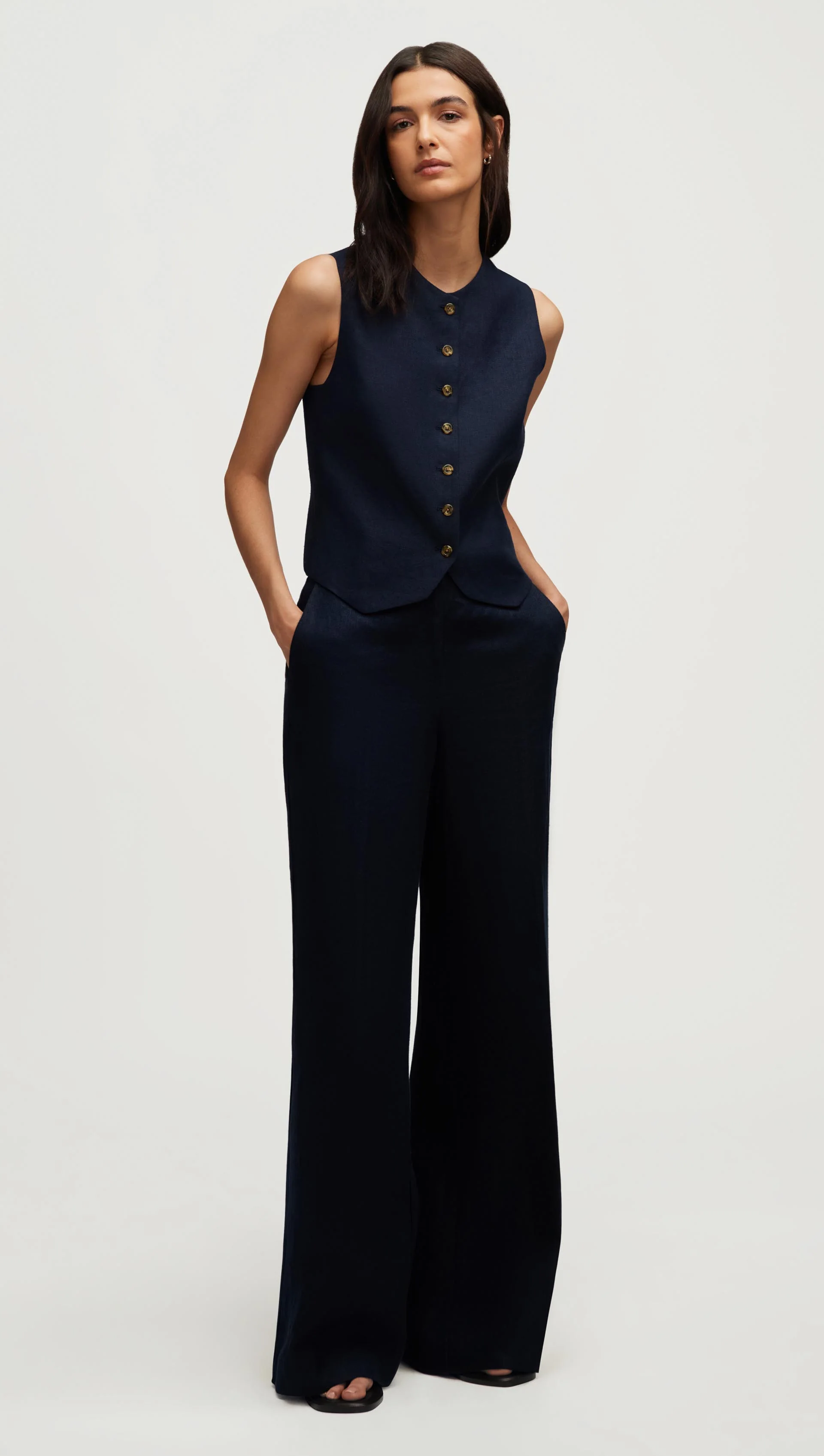High-Neck Button Waistcoat in Basket Weave Linen | Midnight - Image 3