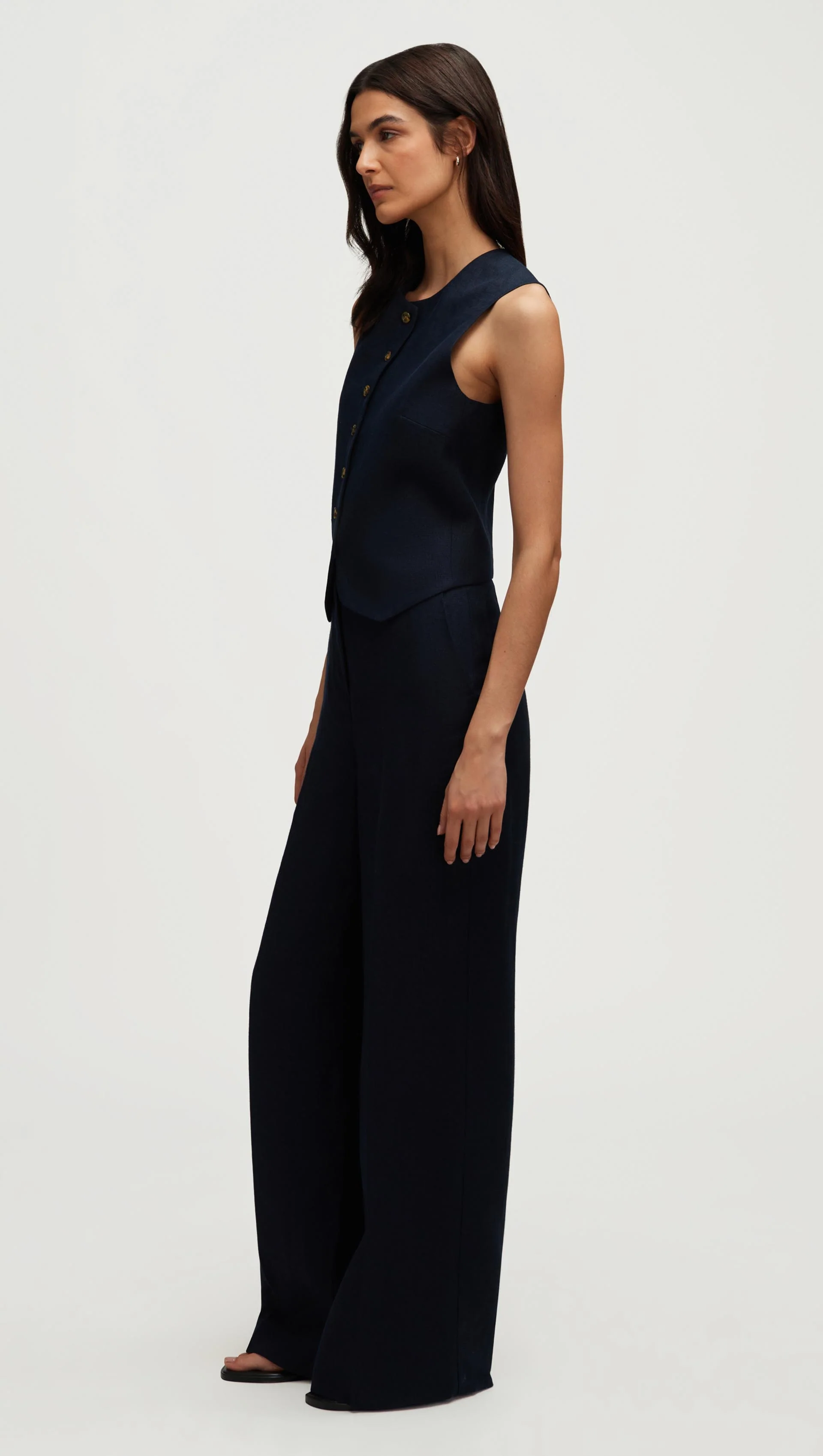 High-Neck Button Waistcoat in Basket Weave Linen | Midnight - Image 4