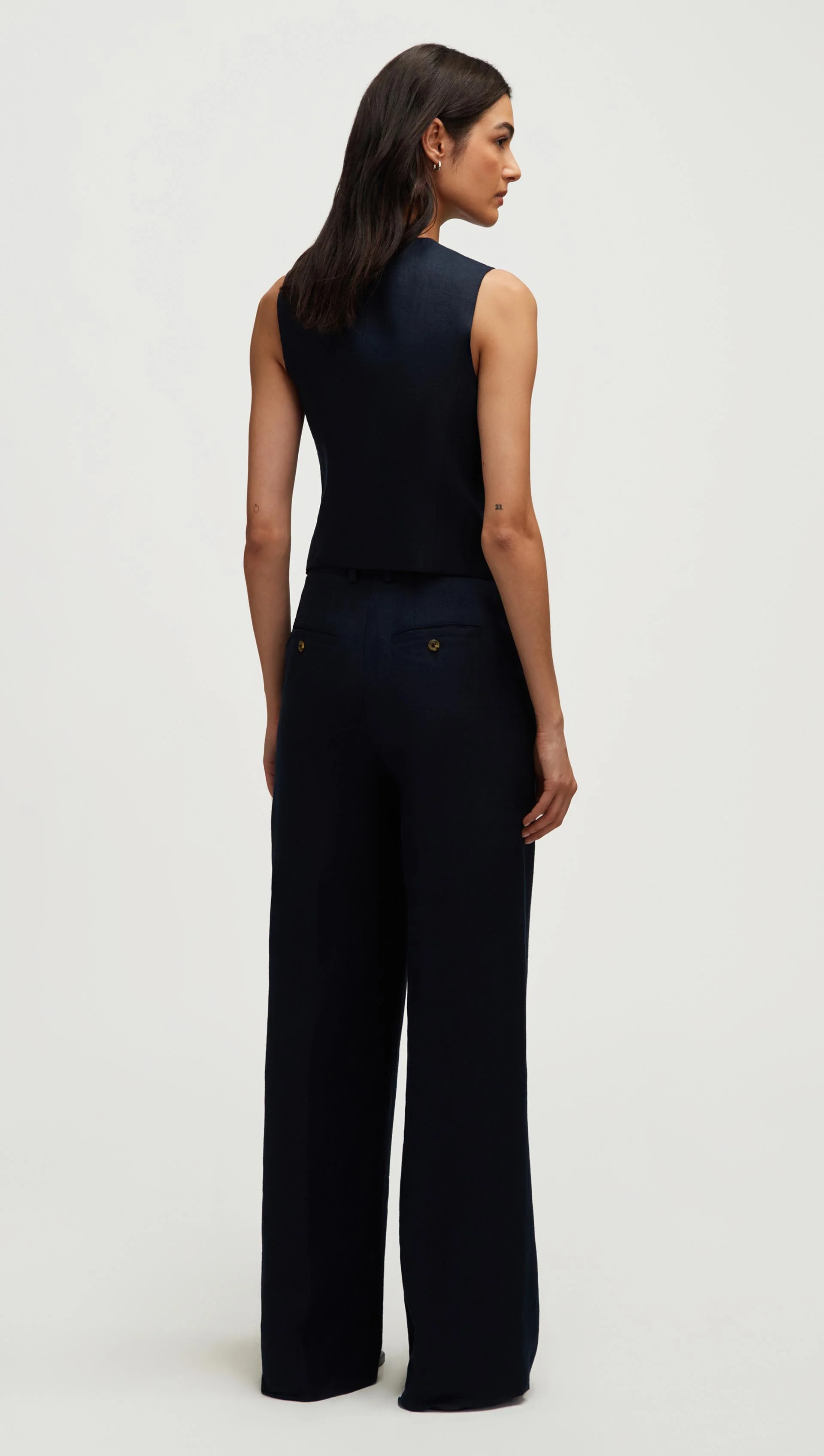 High-Neck Button Waistcoat in Basket Weave Linen | Midnight - Image 5