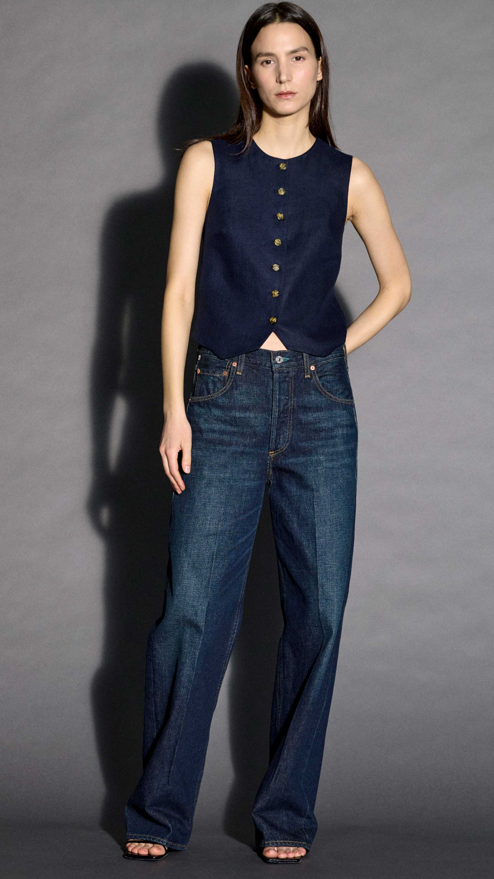 High-Neck Button Waistcoat in Basket Weave Linen | Midnight - Image 6