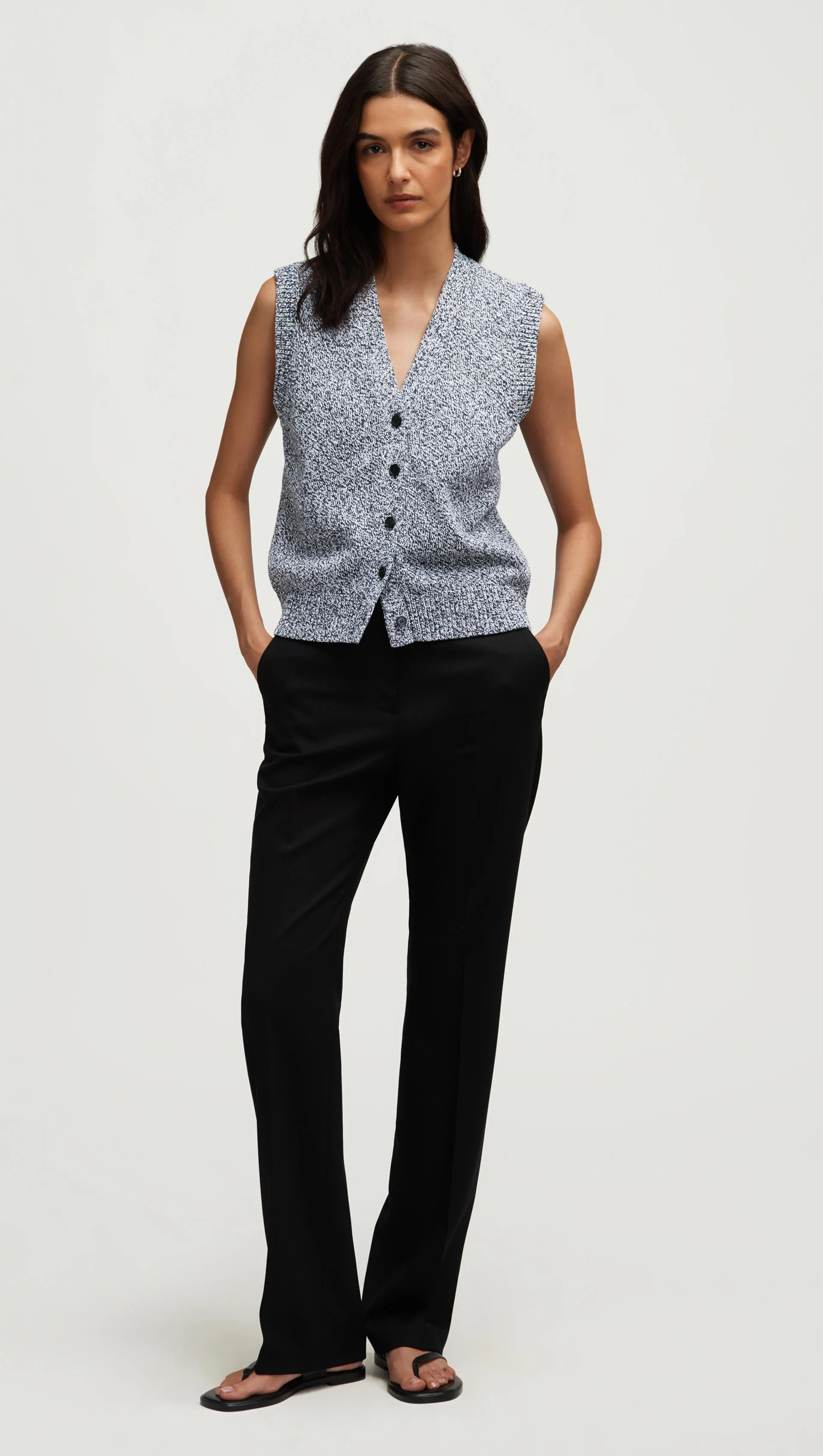 Knit Button Vest in Cotton | Black Multi - Image 3