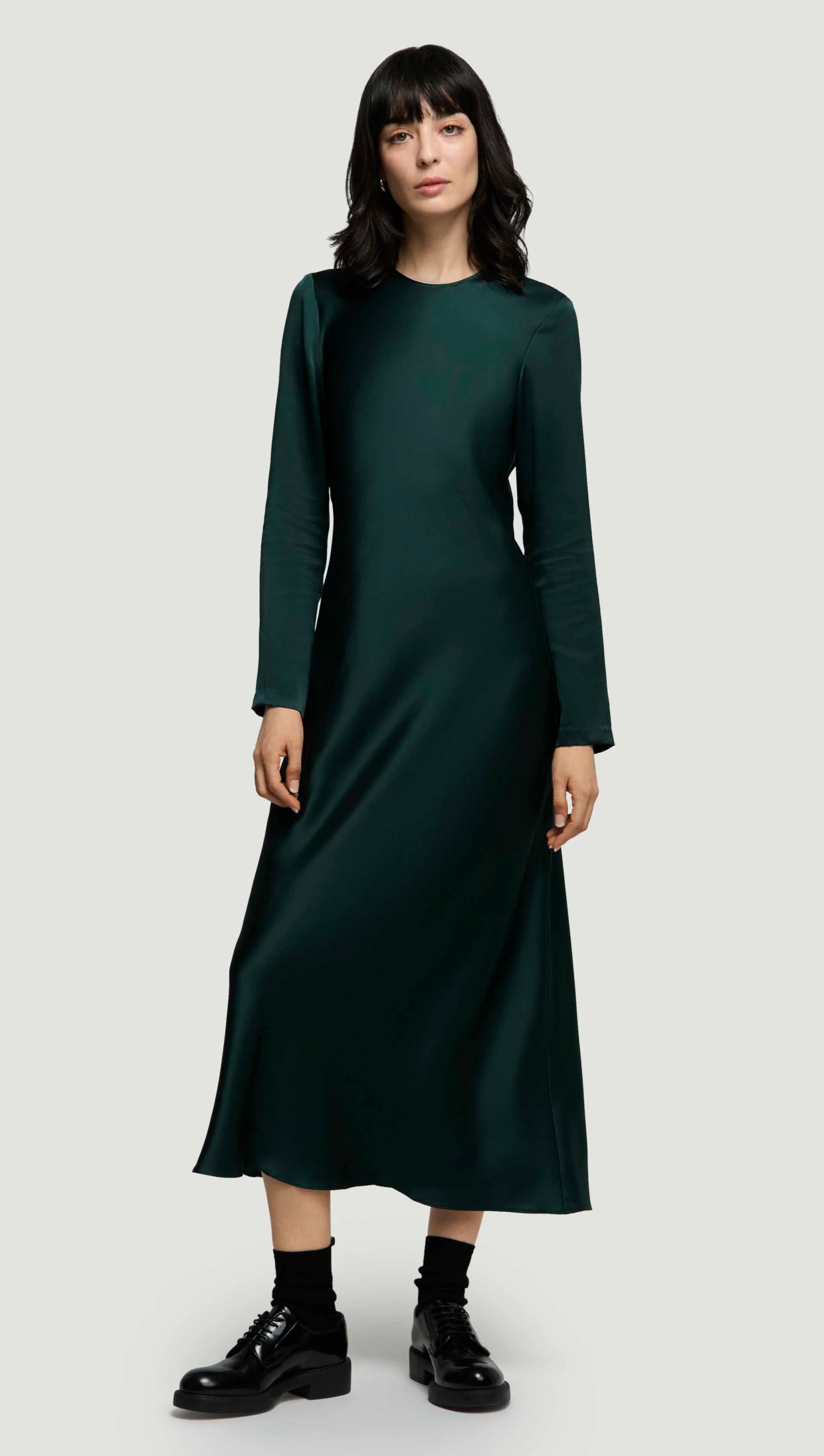 Longsleeve Bias Dress in Silk Charmeuse | Deep Forest