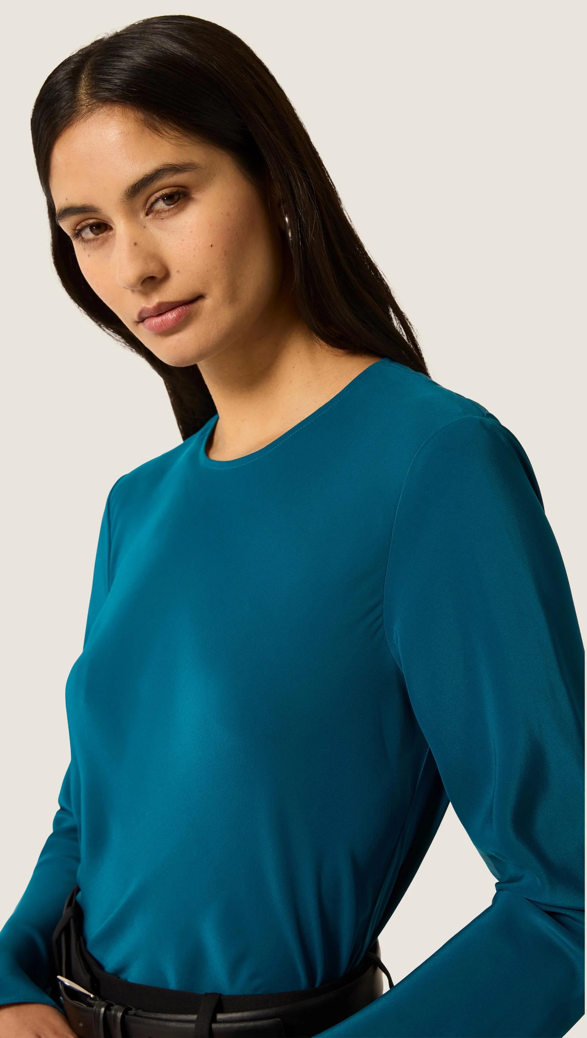 Longsleeve Bias Top in Matte-side Silk Charmeuse | Ocean - Image 2