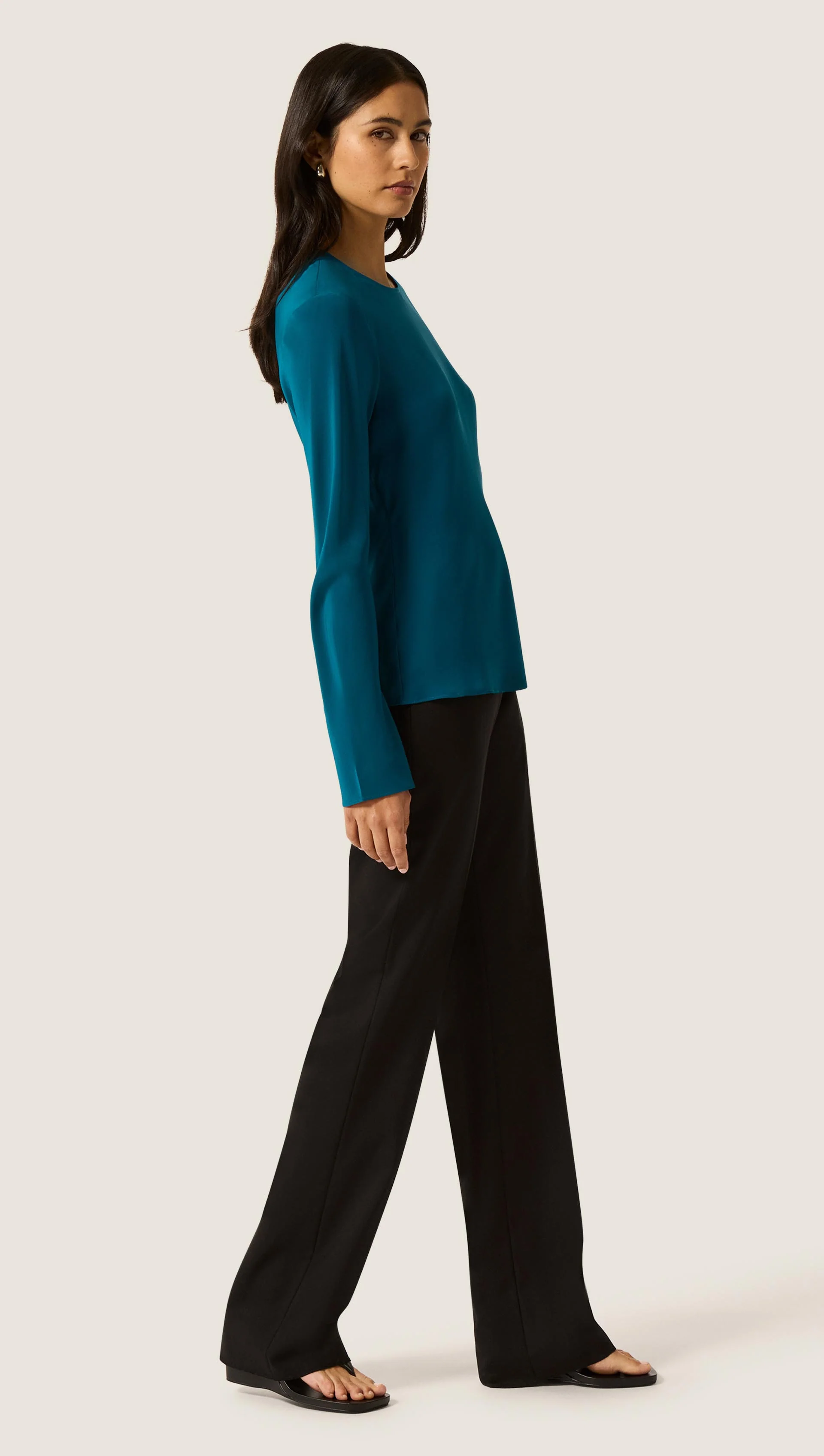 Longsleeve Bias Top in Matte-side Silk Charmeuse | Ocean - Image 4