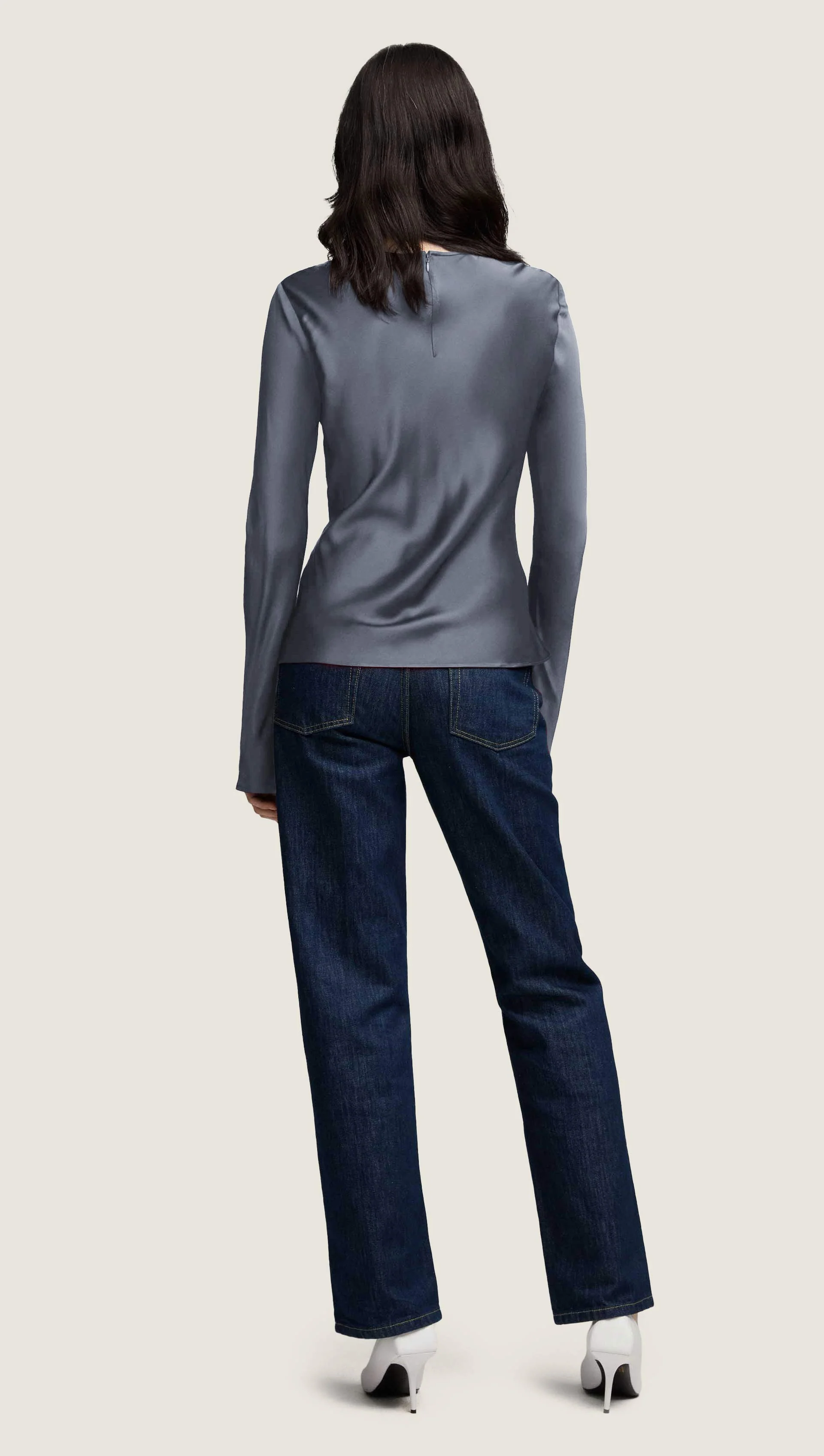 Longsleeve Bias Top in Viscose Satin | Stone Blue - Image 3