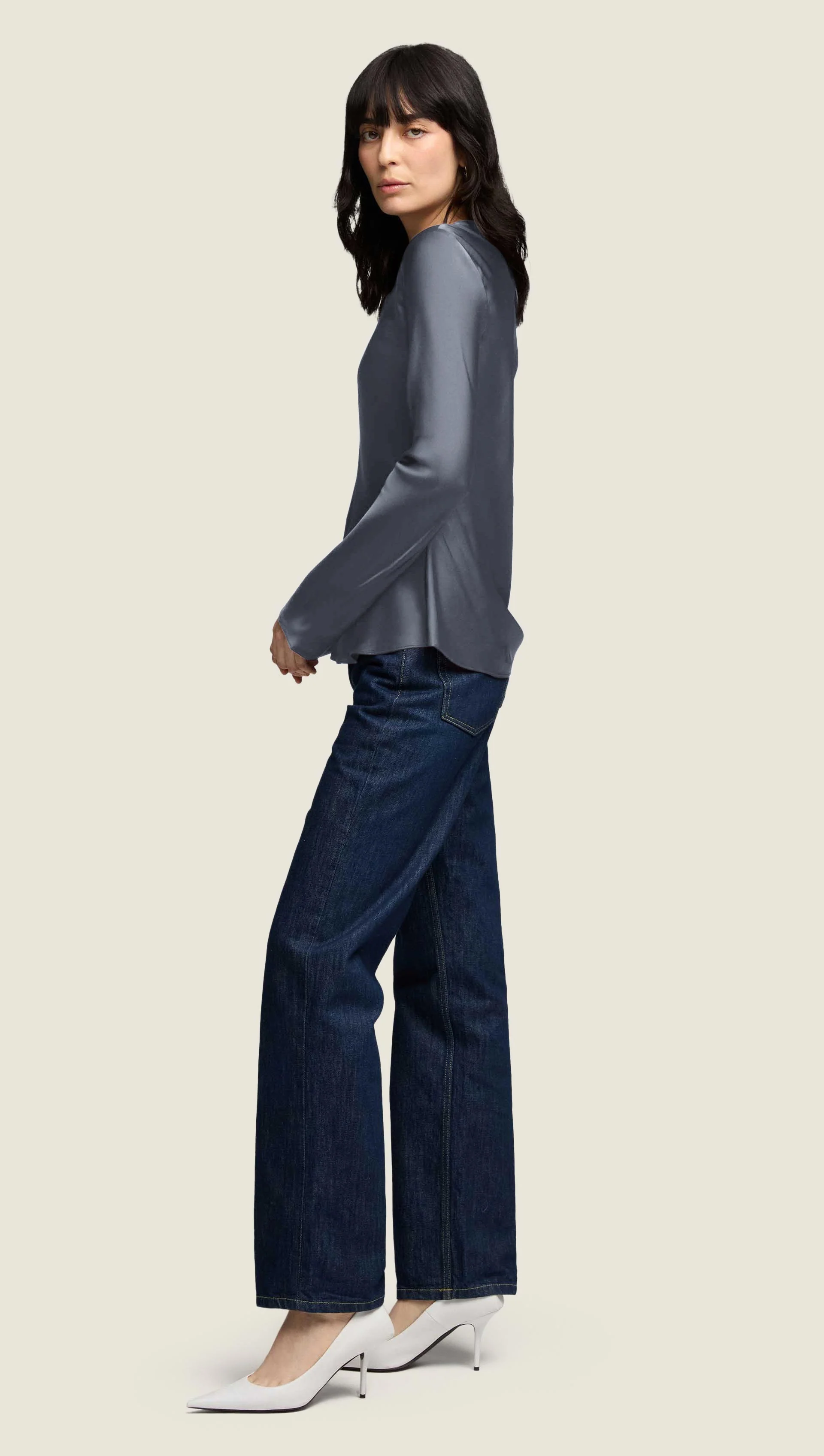 Longsleeve Bias Top in Viscose Satin | Stone Blue - Image 5