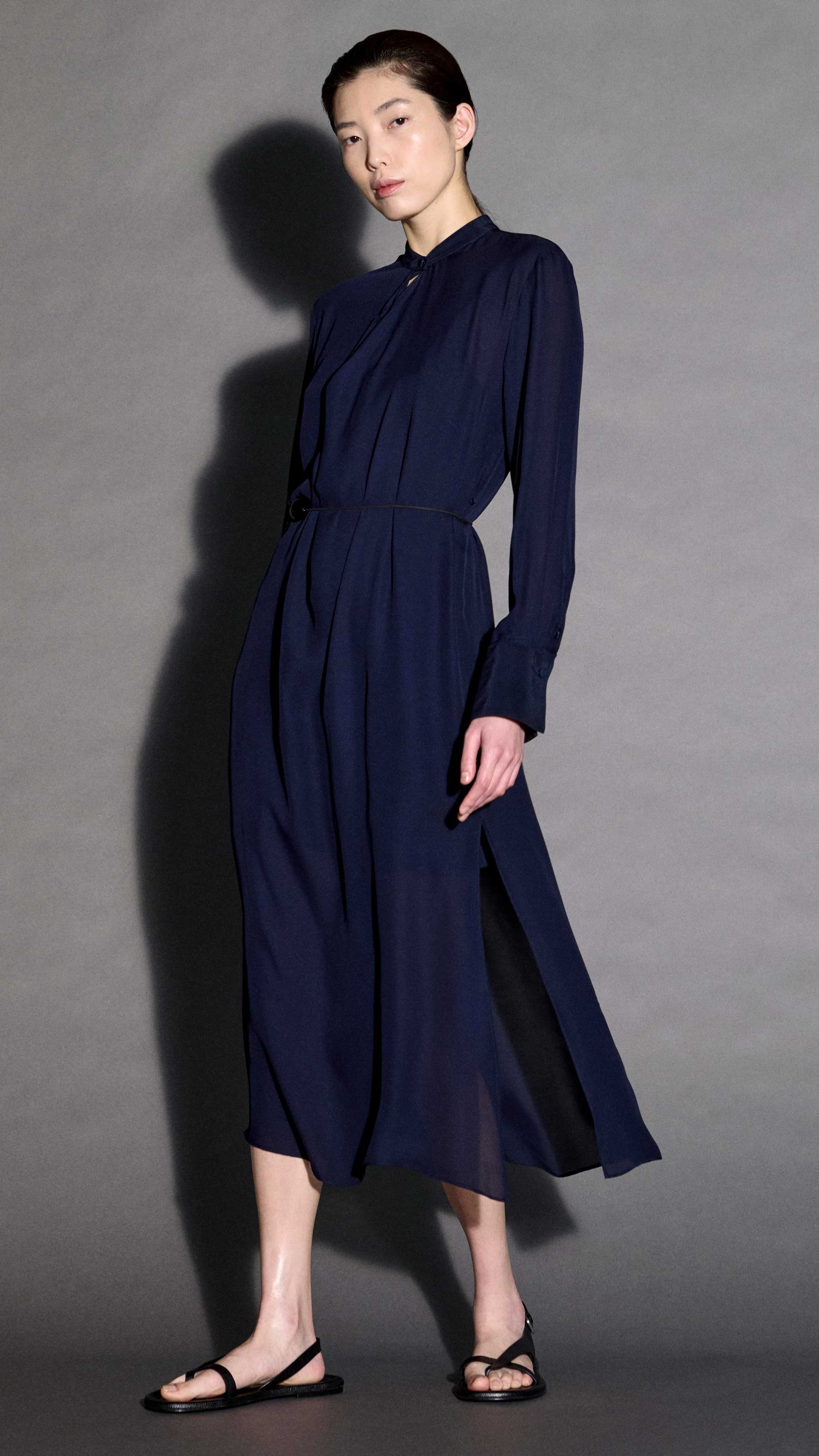Longsleeve Cowl Neck Dress in Silk | Midnight - Image 6