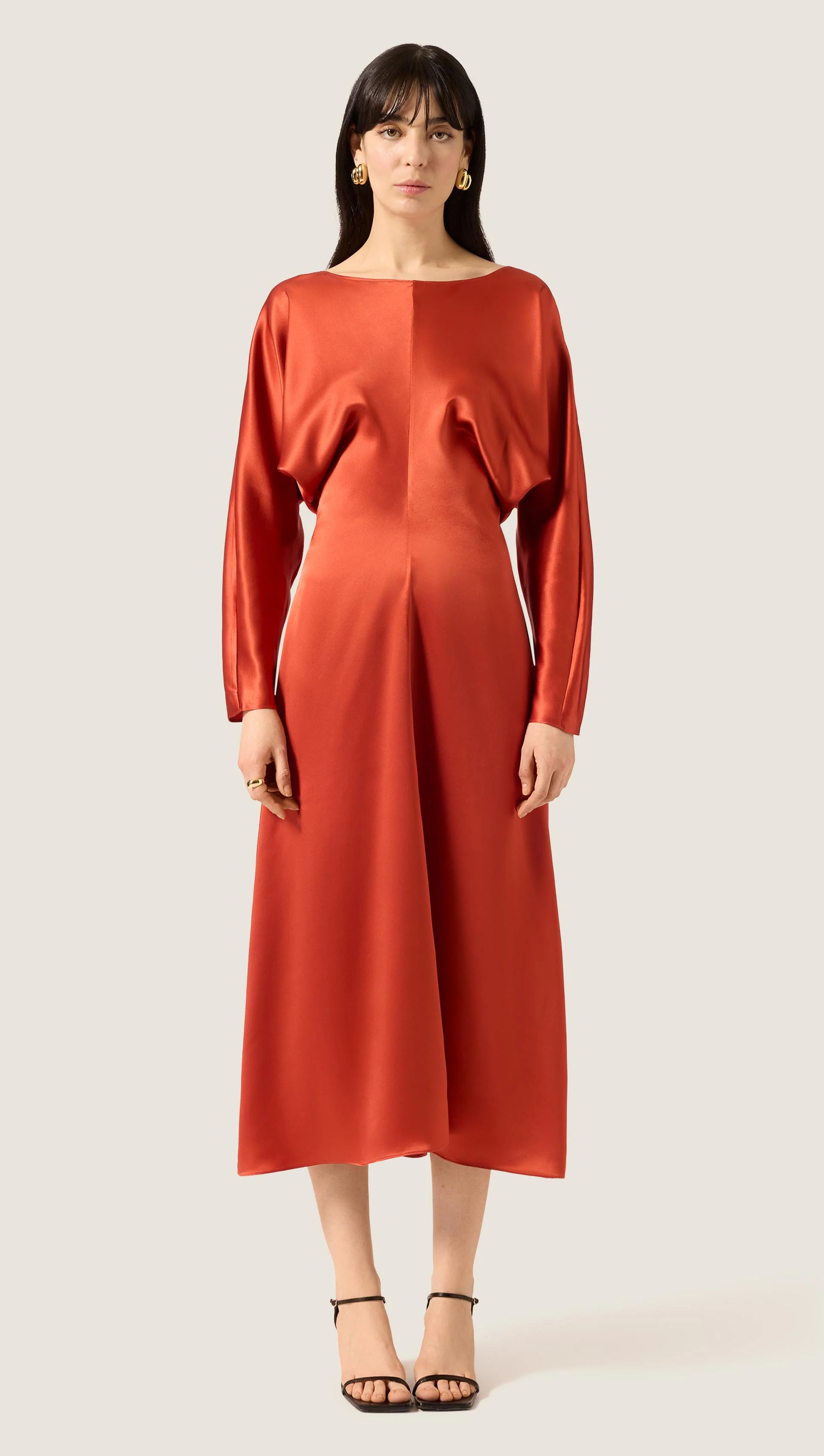 Longsleeve Draped Dress in Silk Charmeuse | Persimmon
