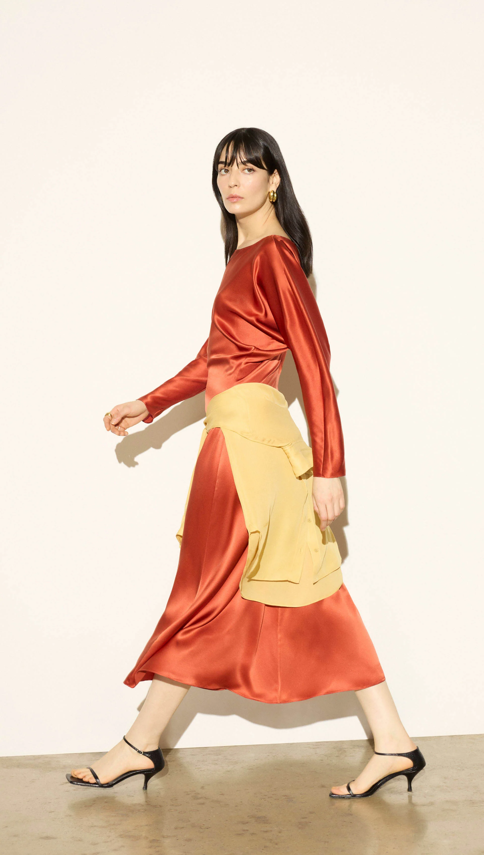 Longsleeve Draped Dress in Silk Charmeuse | Persimmon - Image 6