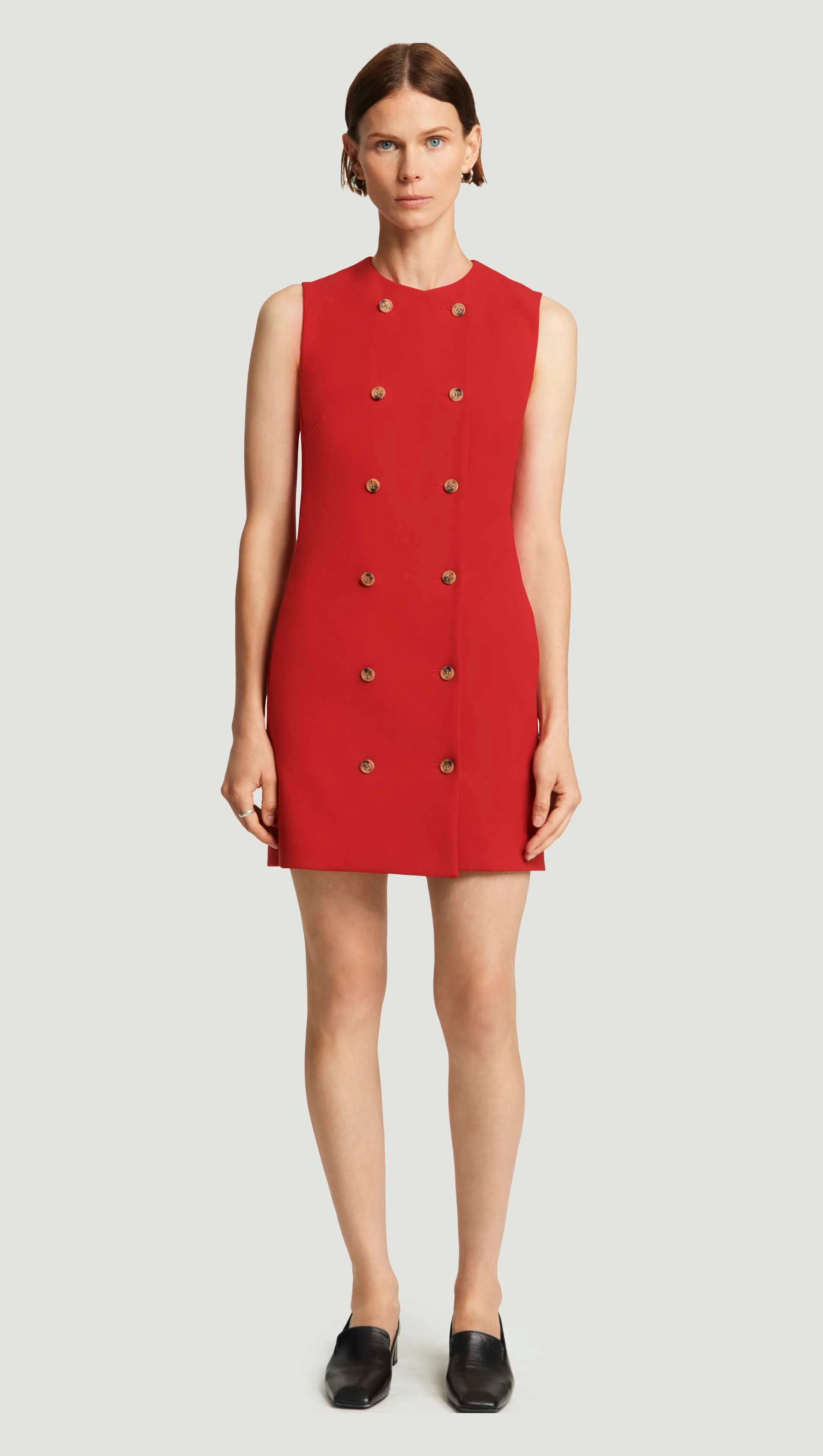 Mini Double-Breasted Dress in Heavy Wool Twill | Ruby Red