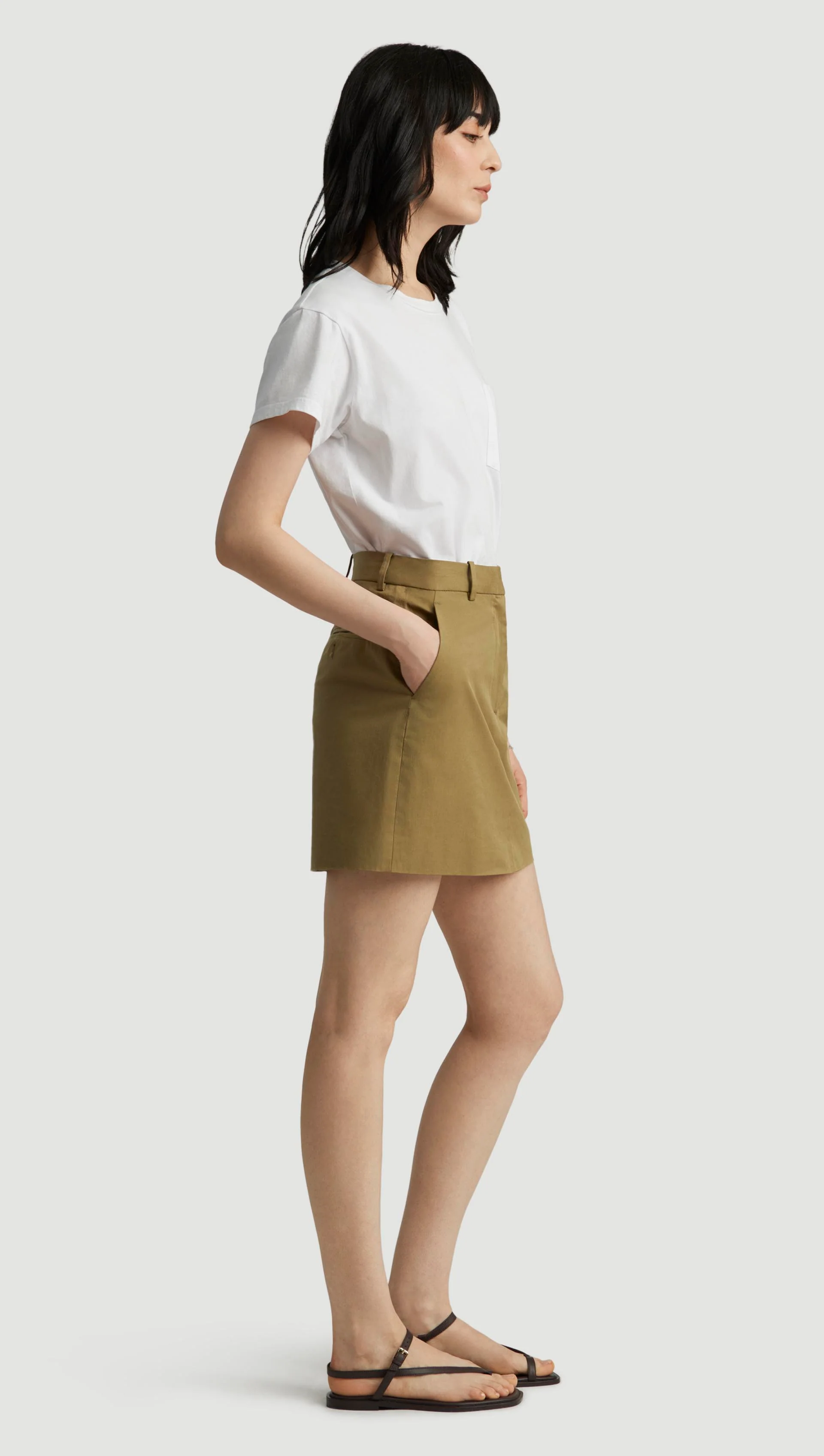 Mini Tailored Skirt in Cotton Twill | Mushroom Topstitch - Image 3