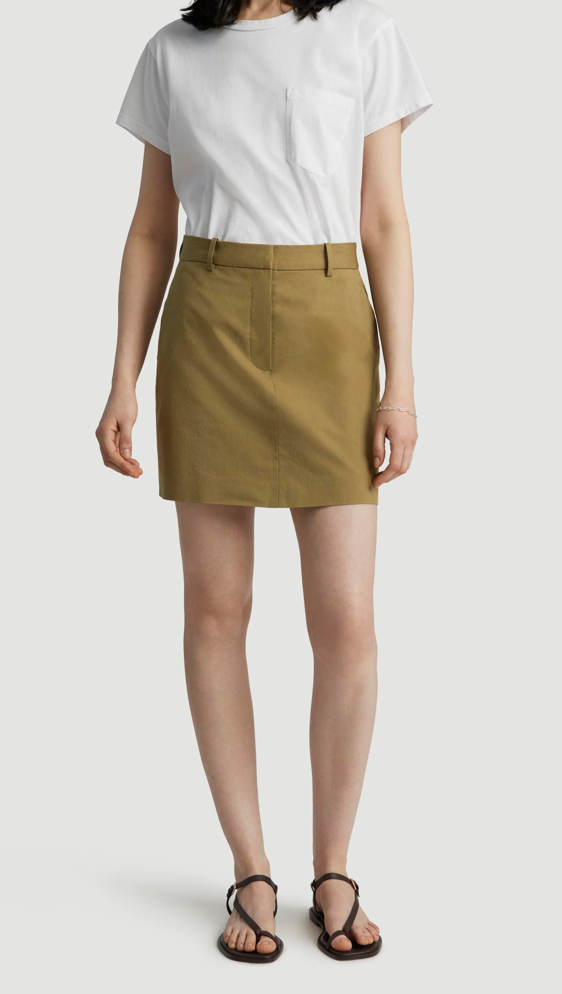 Mini Tailored Skirt in Cotton Twill | Mushroom Topstitch - Image 6