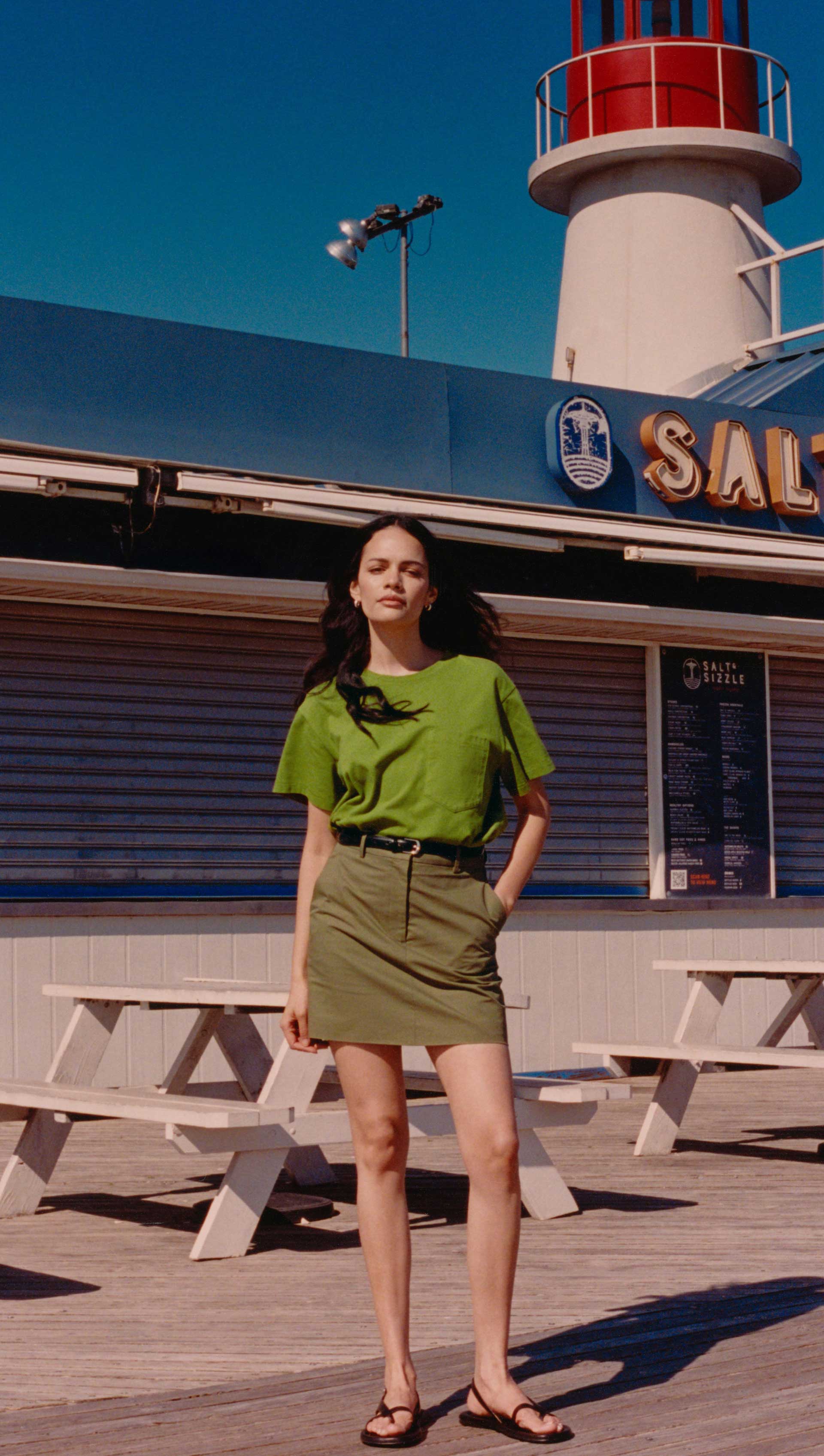 Mini Tailored Skirt in Cotton Twill | Mushroom Topstitch - Image 7