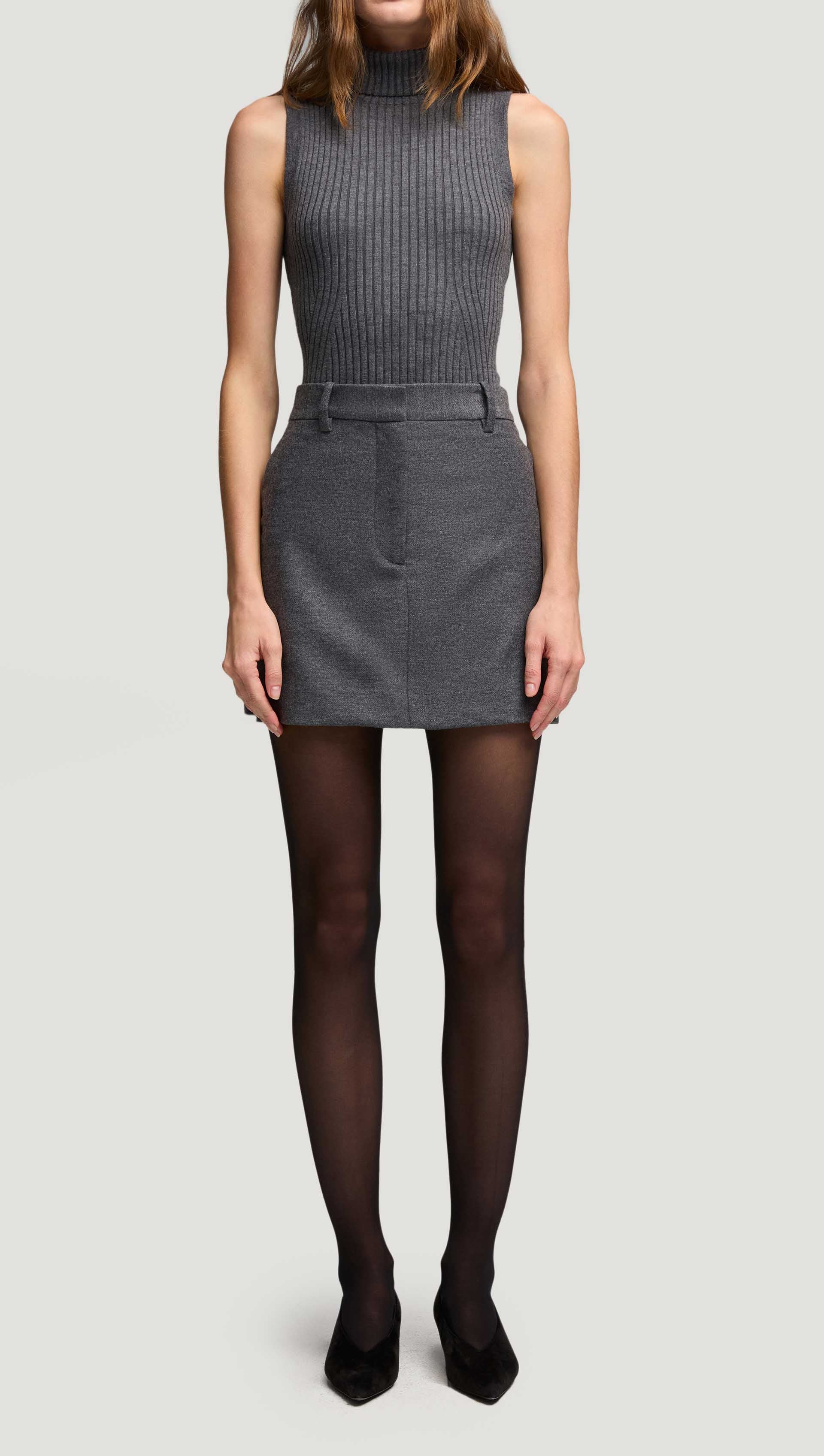 Mini Tailored Skirt in Textured Wool | Grey Melange - Image 3