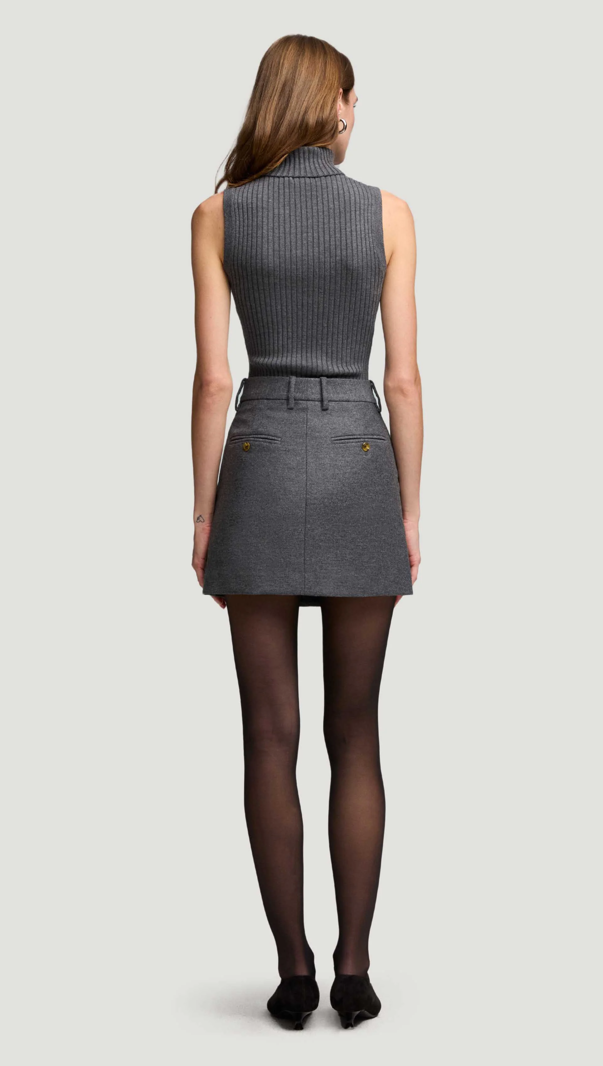 Mini Tailored Skirt in Textured Wool | Grey Melange - Image 6