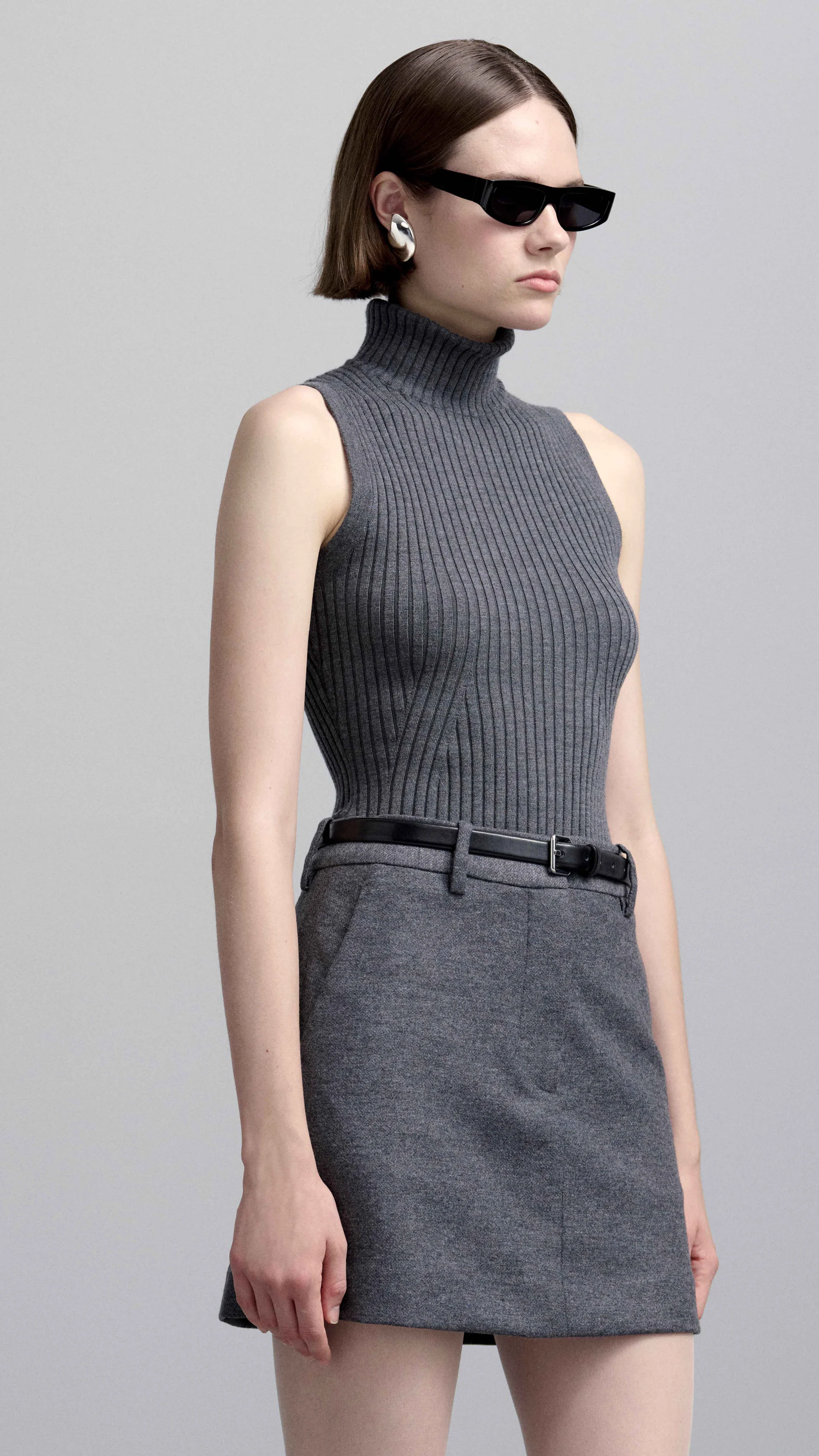 Mini Tailored Skirt in Textured Wool | Grey Melange - Image 7