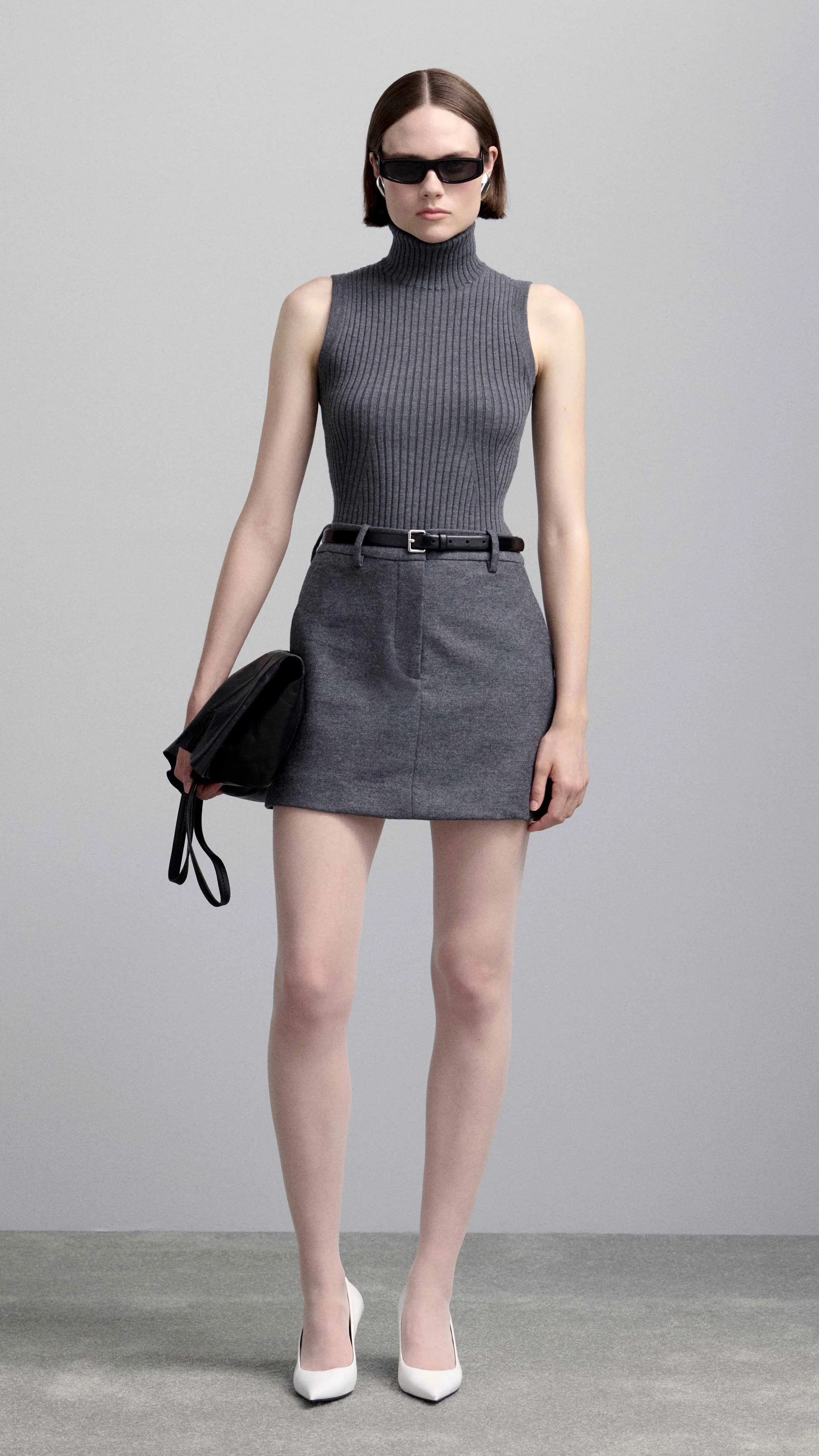 Mini Tailored Skirt in Textured Wool | Grey Melange - Image 8