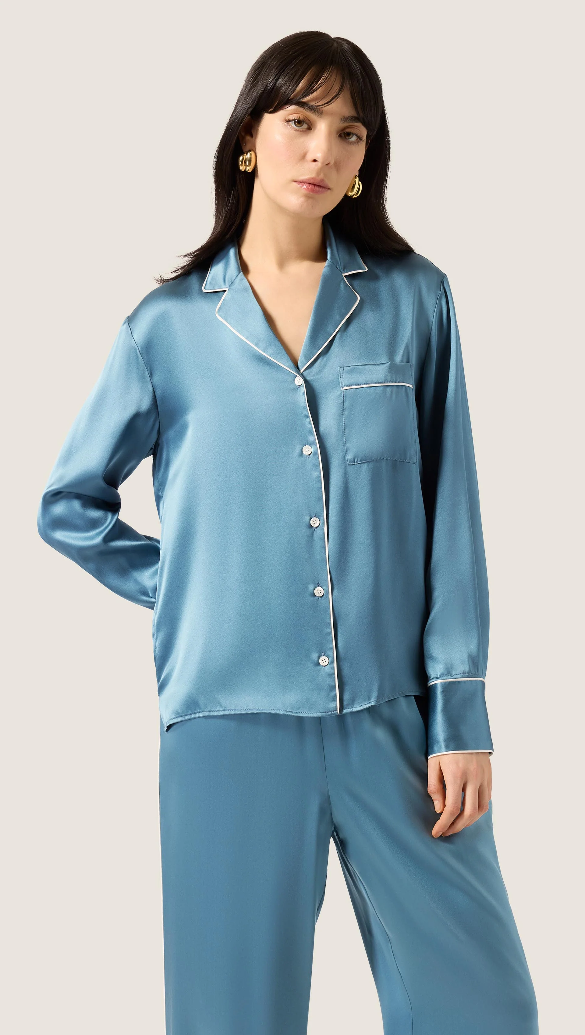 Pajama Blouse in Silk Charmeuse | Steel Blue