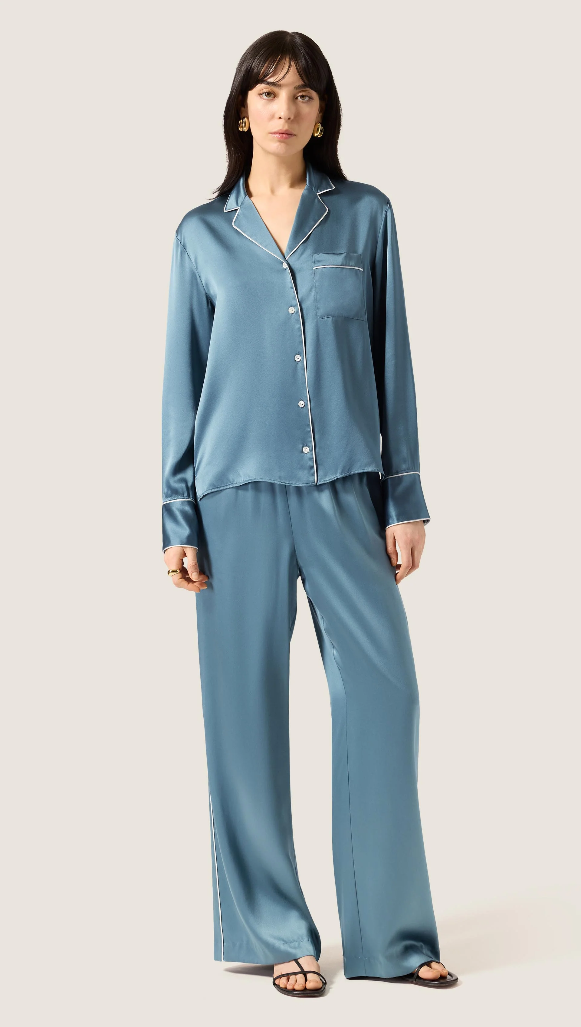 Pajama Blouse in Silk Charmeuse | Steel Blue - Image 2