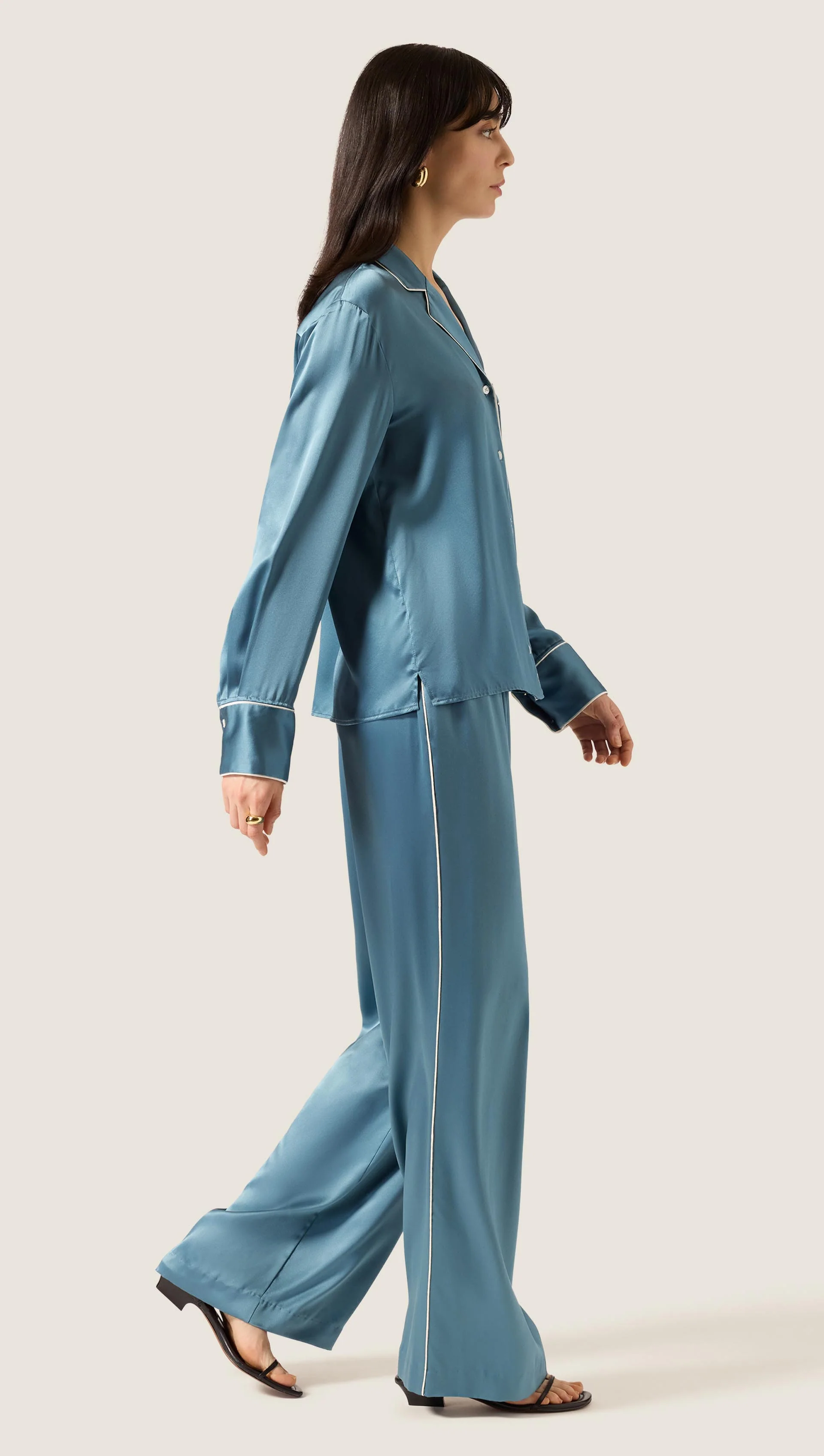 Pajama Blouse in Silk Charmeuse | Steel Blue - Image 3