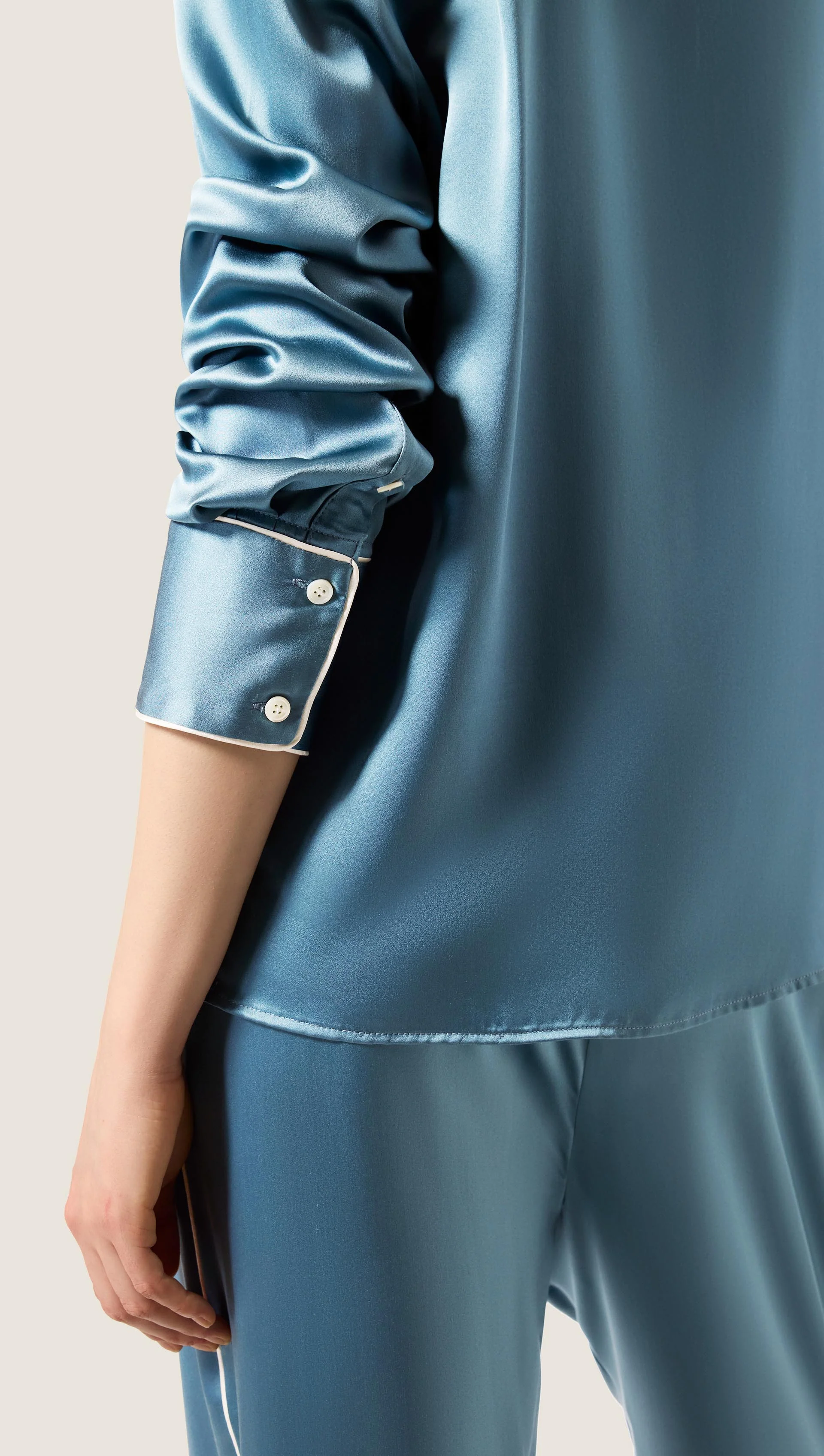 Pajama Blouse in Silk Charmeuse | Steel Blue - Image 5