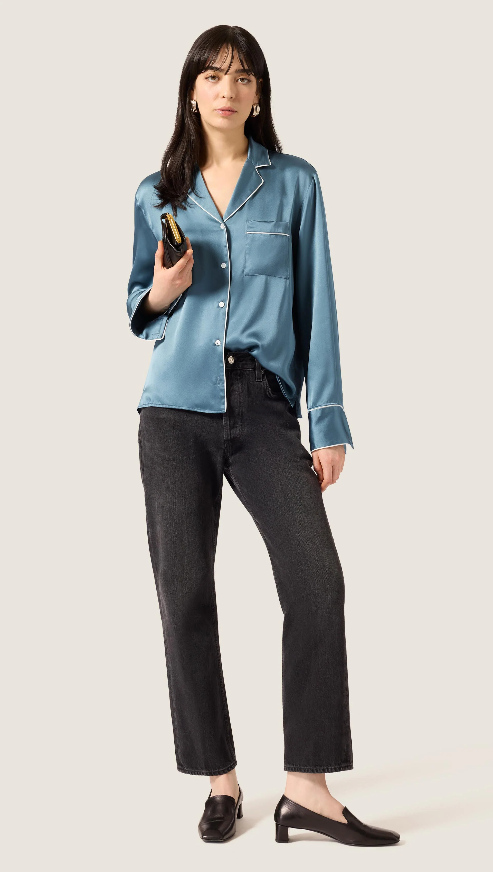 Pajama Blouse in Silk Charmeuse | Steel Blue - Image 6