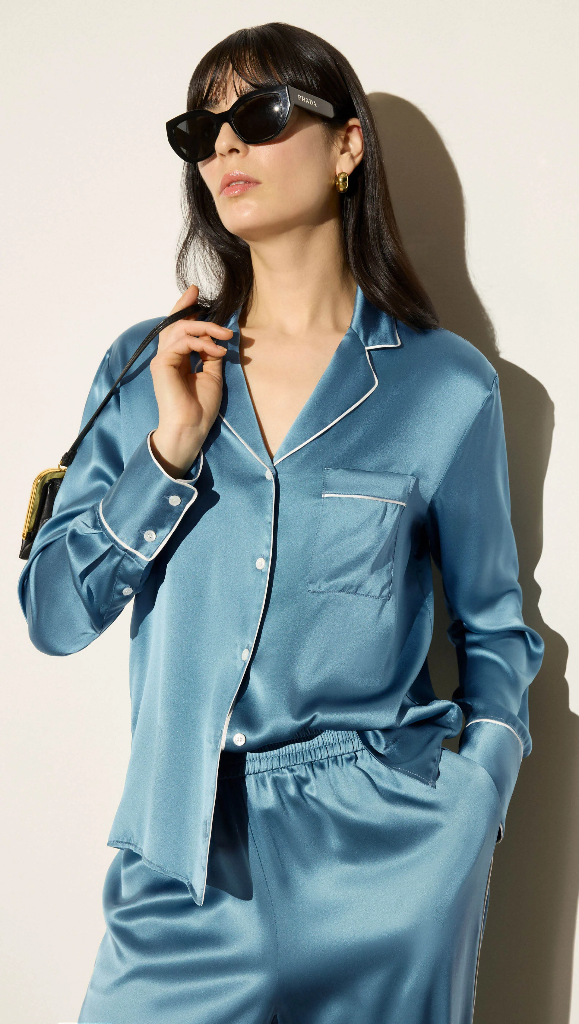 Pajama Blouse in Silk Charmeuse | Steel Blue - Image 7