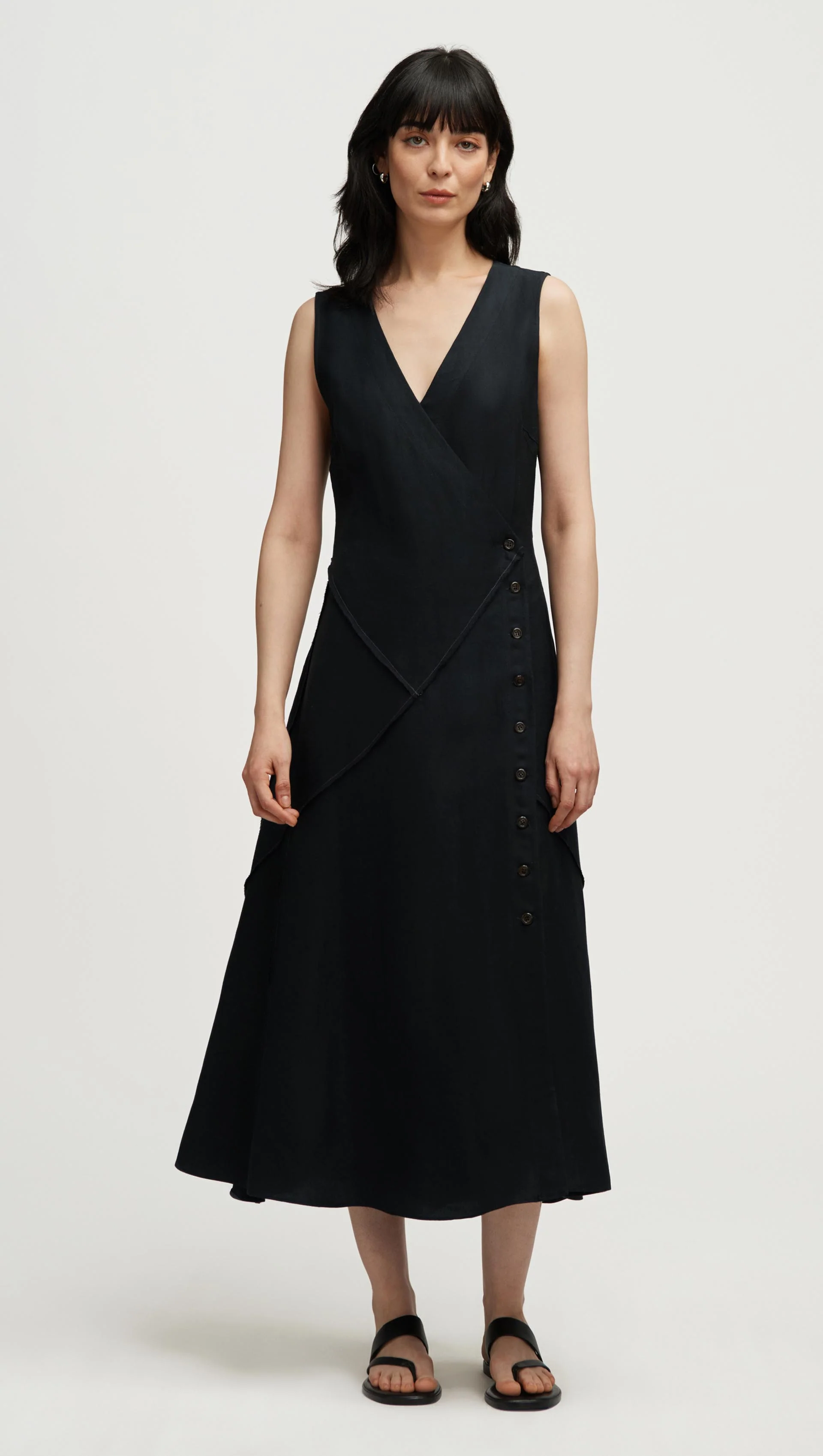 Patchwork Dress in Viscose Linen Twill | Black