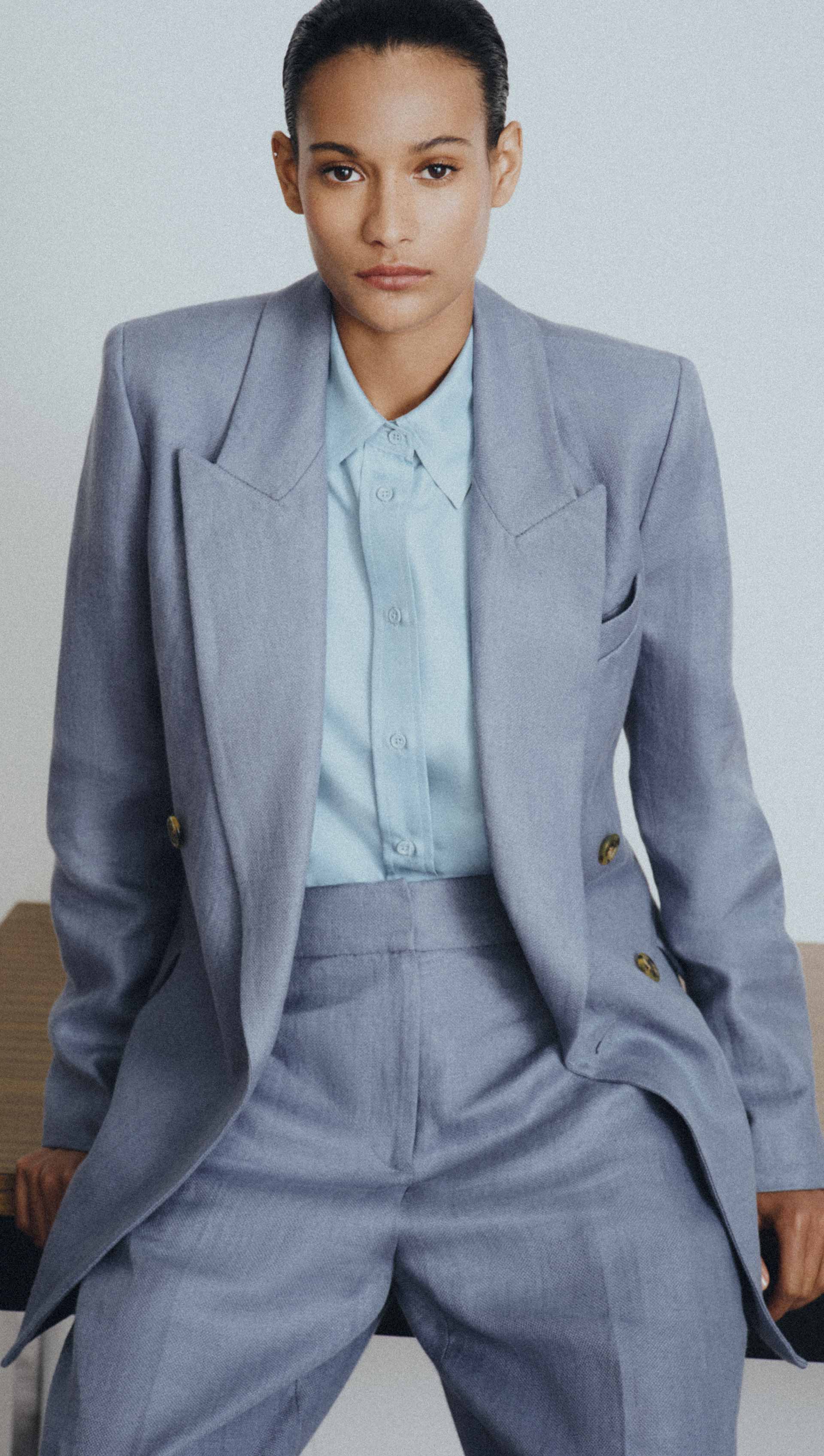Peak Lapel Blazer in Basket Weave Linen | Blue Grey - Image 10